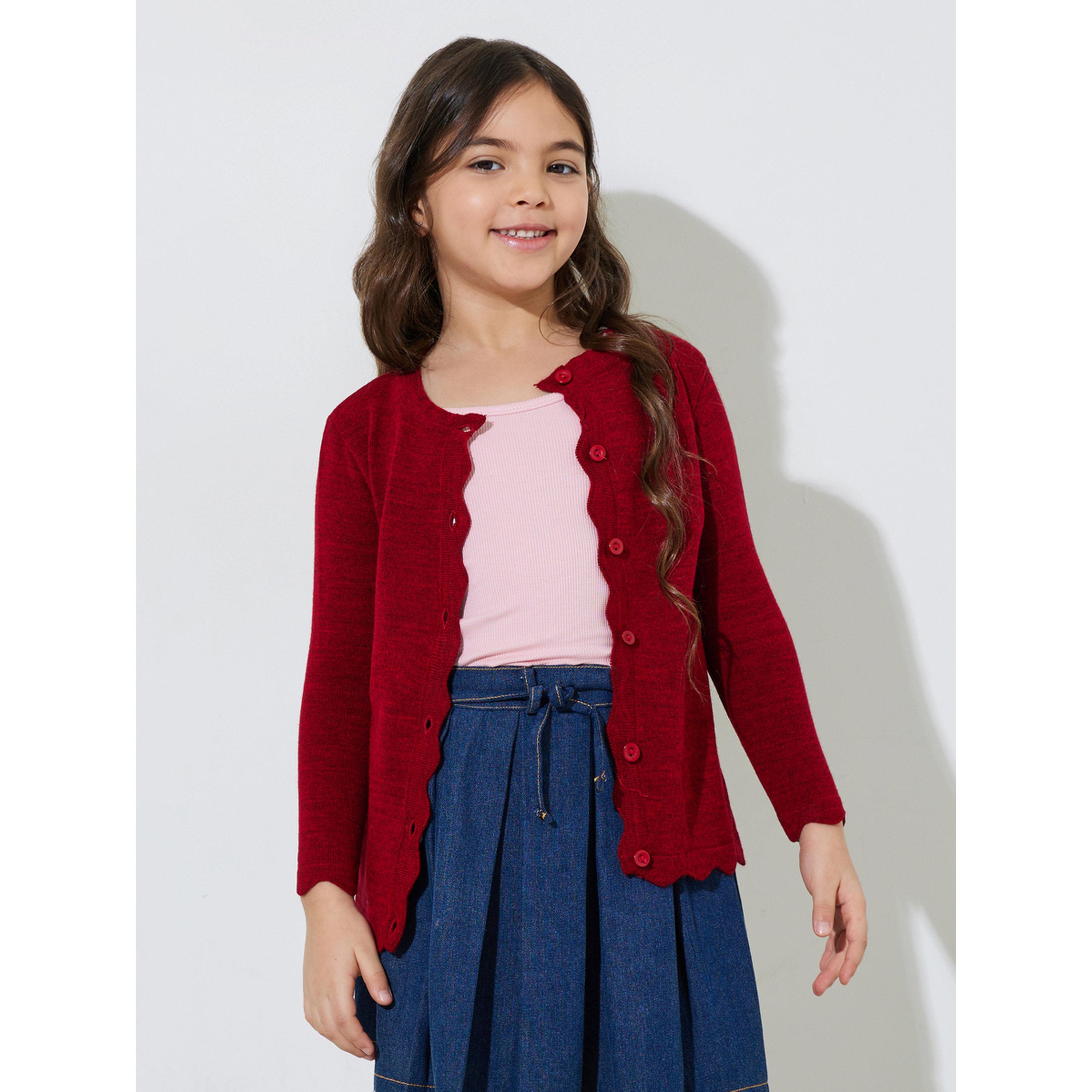 Styli Girls Red Solid Button-Front Cardigan-girls-clothing-jumpersandcardigans-image-5