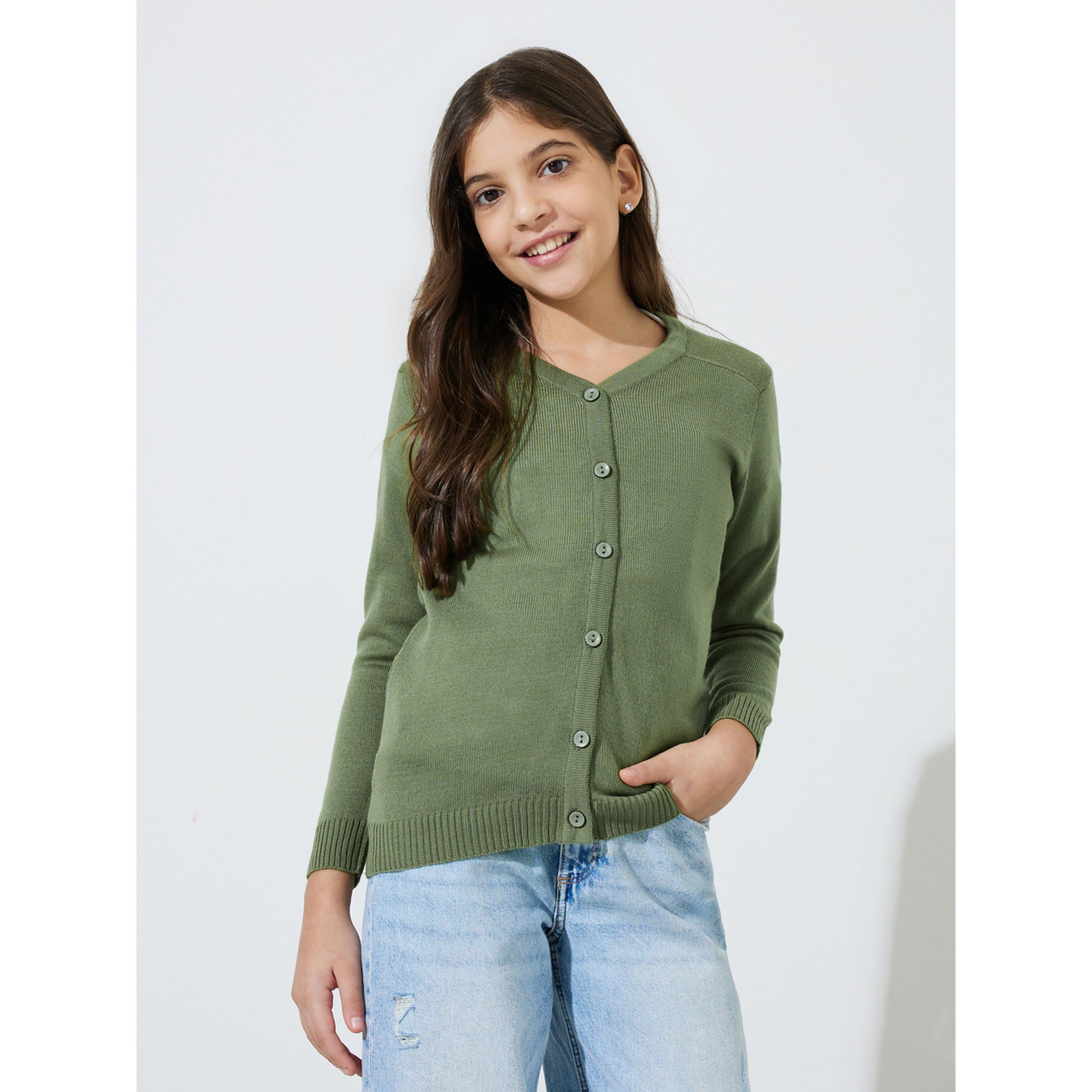 Styli Teen Girls Green Solid Button Front Cardigan-girls-clothing-jumpersandcardigans-image-1