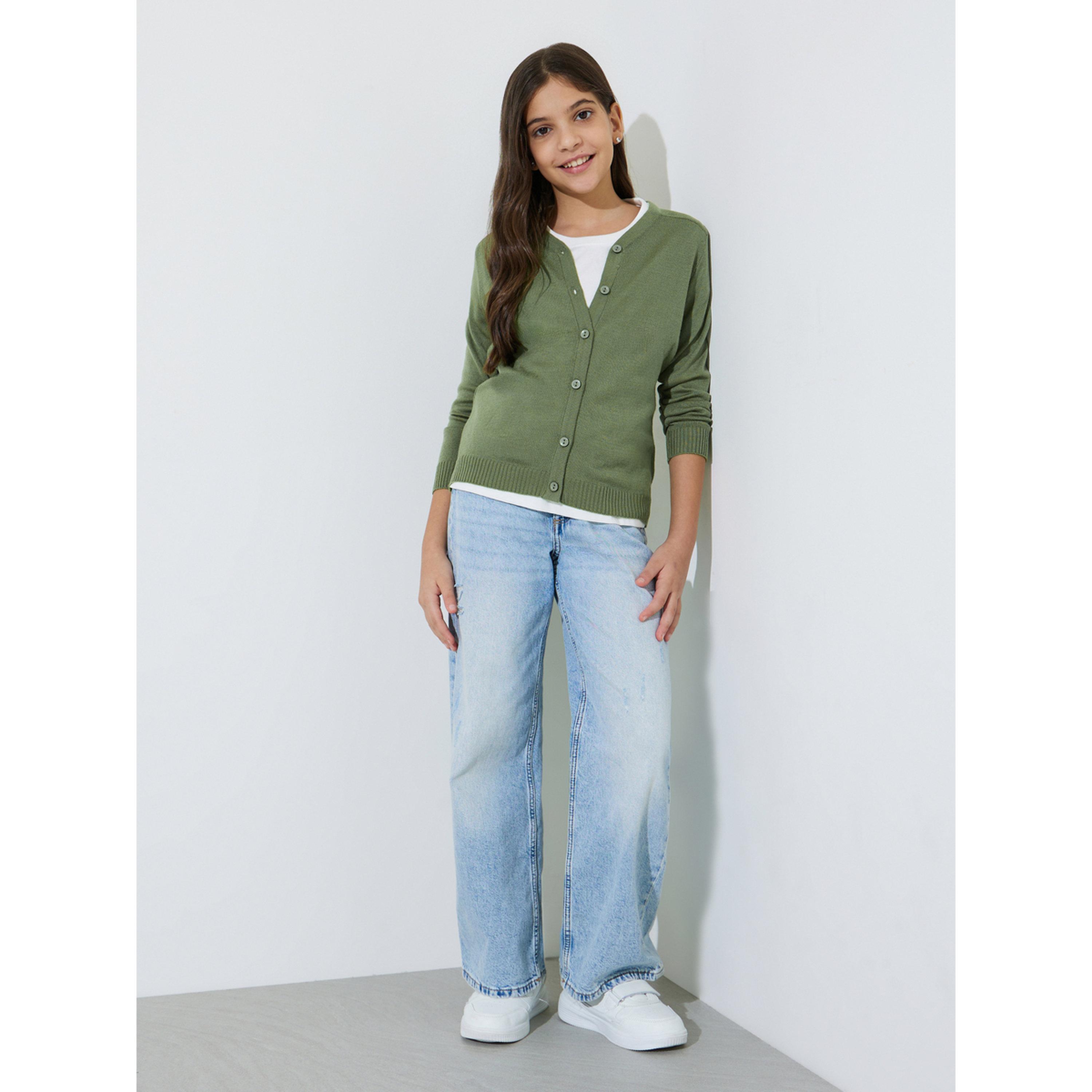 Styli Teen Girls Green Solid Button Front Cardigan-girls-clothing-jumpersandcardigans-image-2