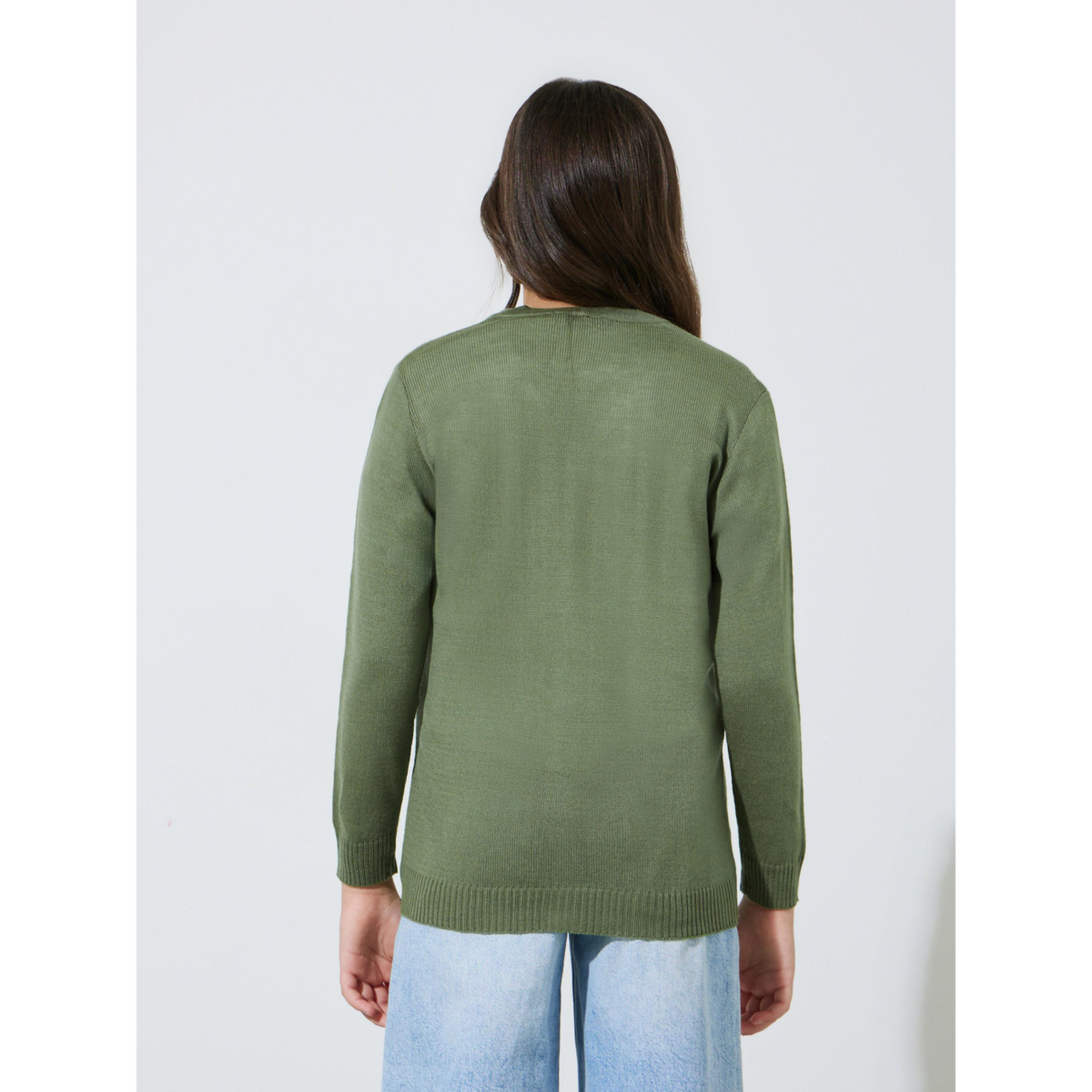 Styli Teen Girls Green Solid Button Front Cardigan-girls-clothing-jumpersandcardigans-image-3