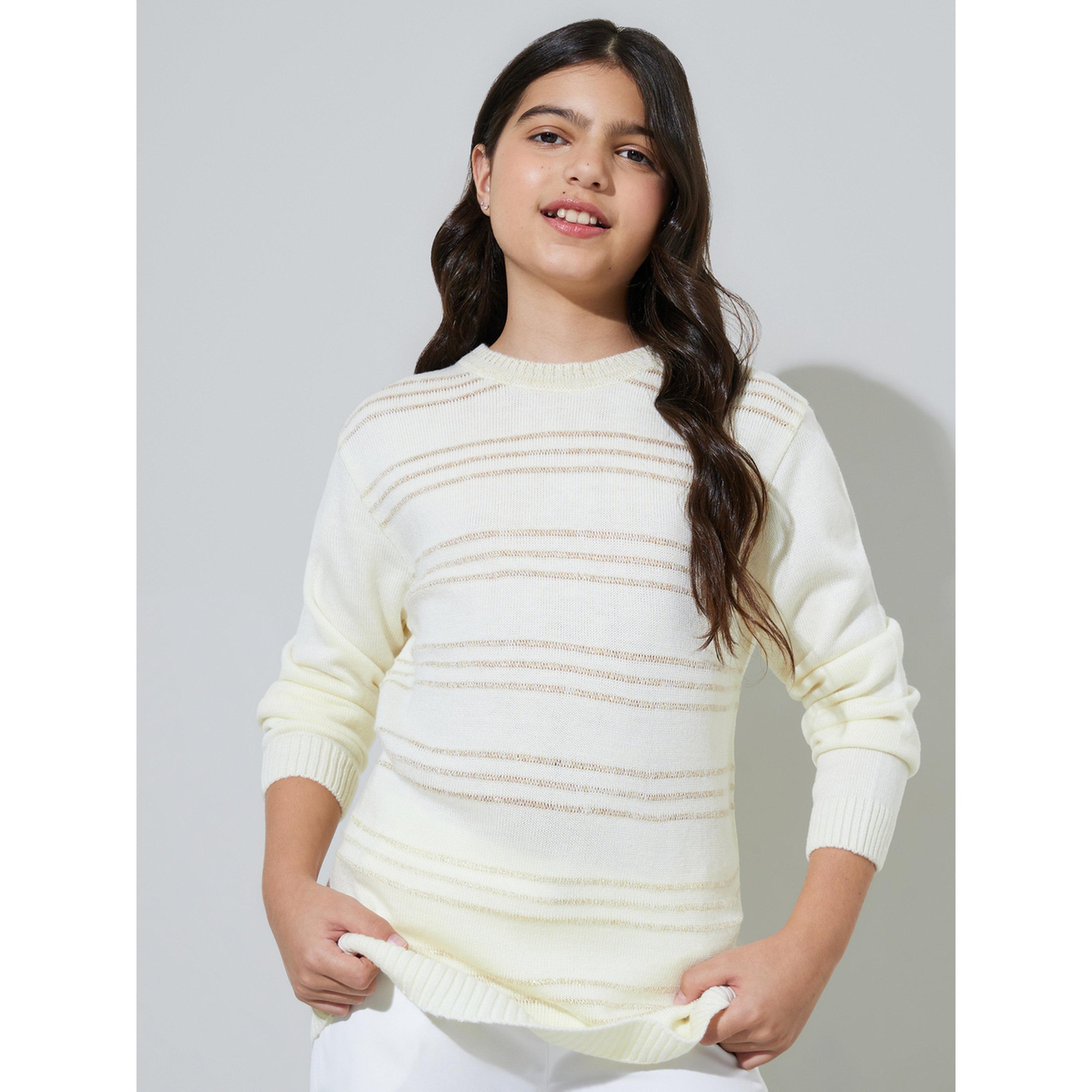 سويتر محبوك بياقة دائرية ومخطط للبنات المراهقات باللون أوف وايت-girls-clothing-jumpersandcardigans-image-1