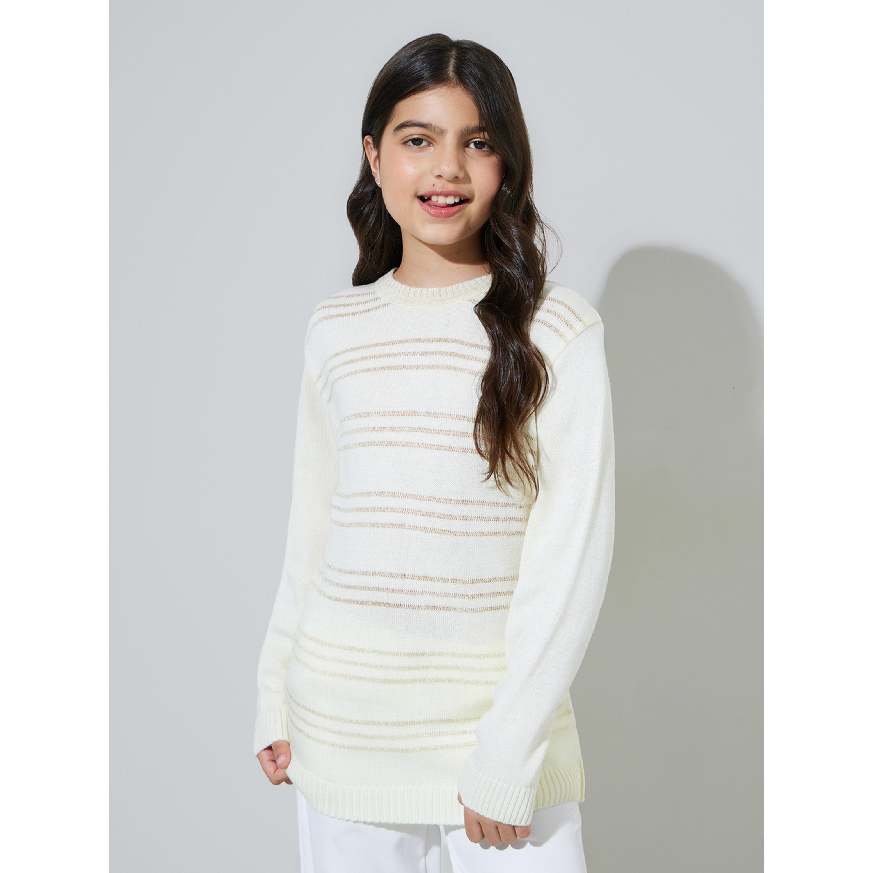 سويتر محبوك بياقة دائرية ومخطط للبنات المراهقات باللون أوف وايت-girls-clothing-jumpersandcardigans-image-3