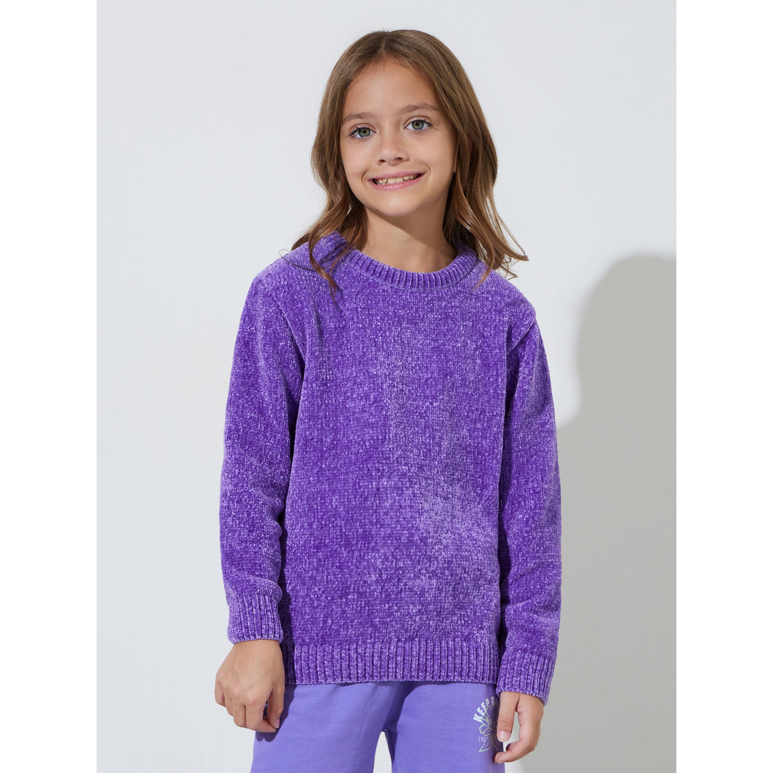 سويتر محبوك شينيل بياقة دائرية لون بنفسجي للبنات-girls-clothing-jumpersandcardigans-image-1