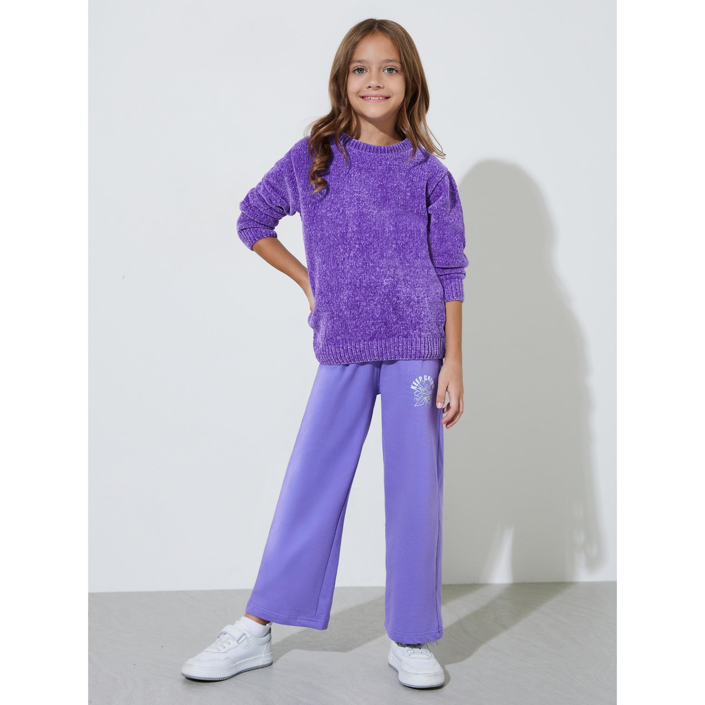 سويتر محبوك شينيل بياقة دائرية لون بنفسجي للبنات-girls-clothing-jumpersandcardigans-image-2