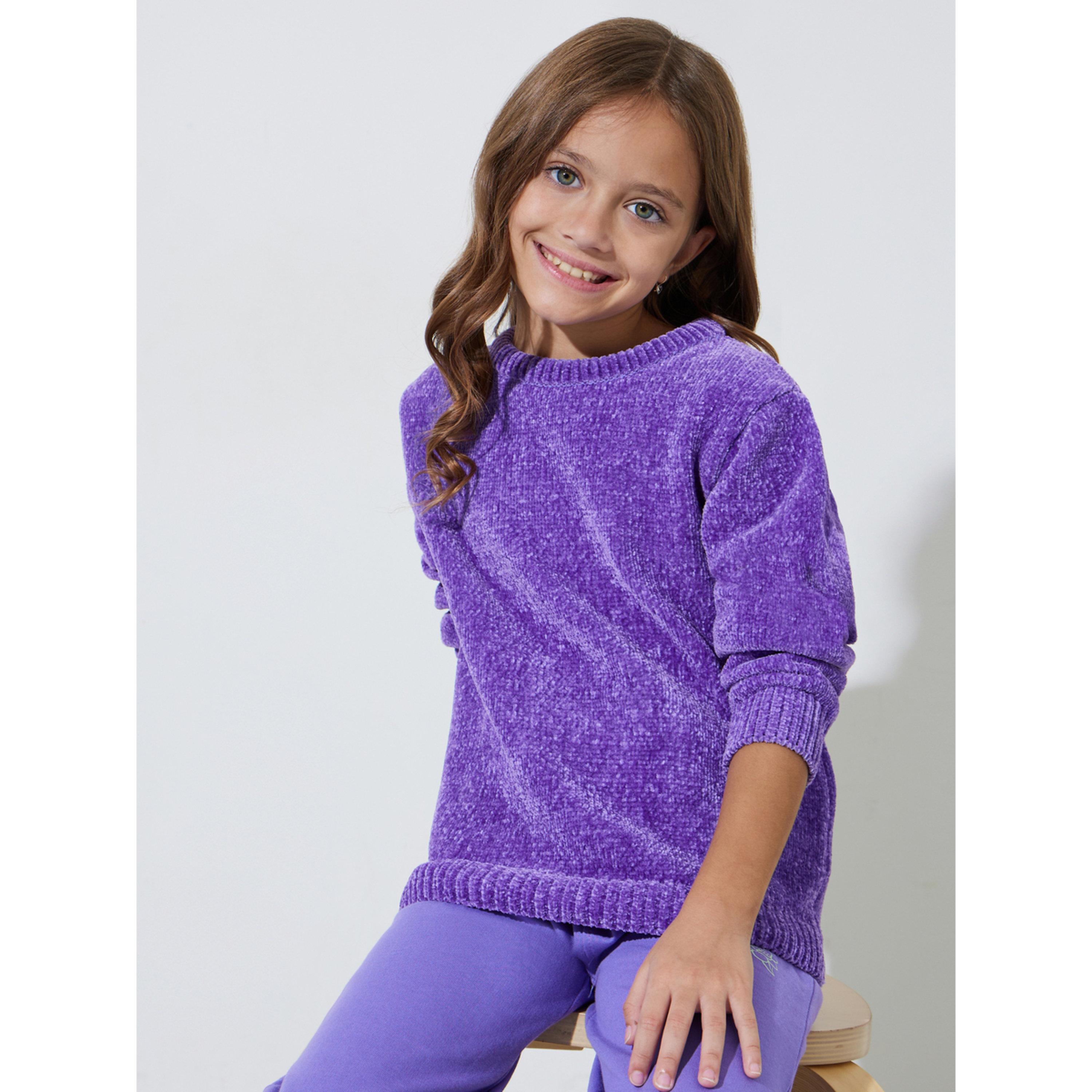 سويتر محبوك شينيل بياقة دائرية لون بنفسجي للبنات-girls-clothing-jumpersandcardigans-image-3