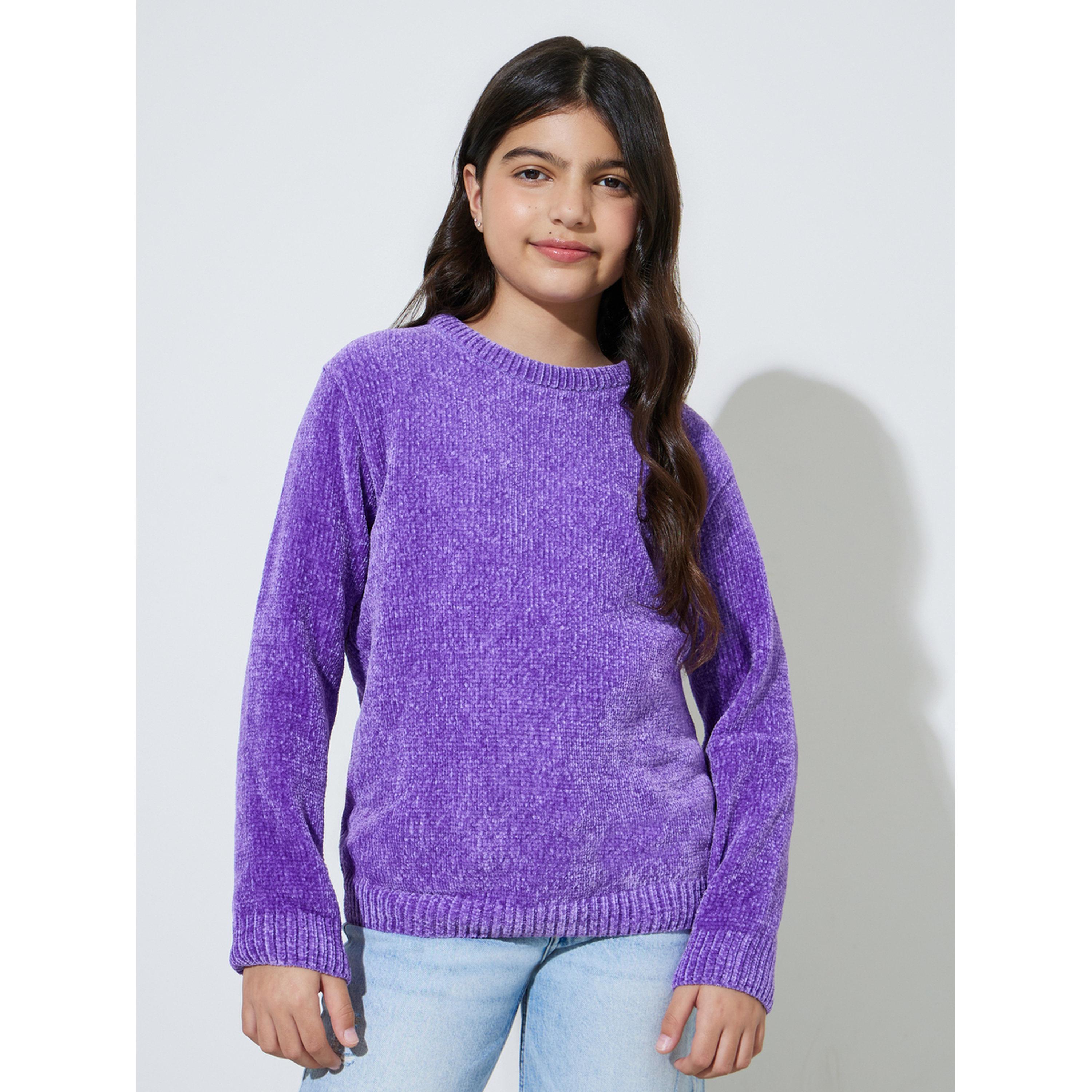 Styli Teen Girls Purple Solid Round Neck knitted Sweater-girls-clothing-jumpersandcardigans-image-1