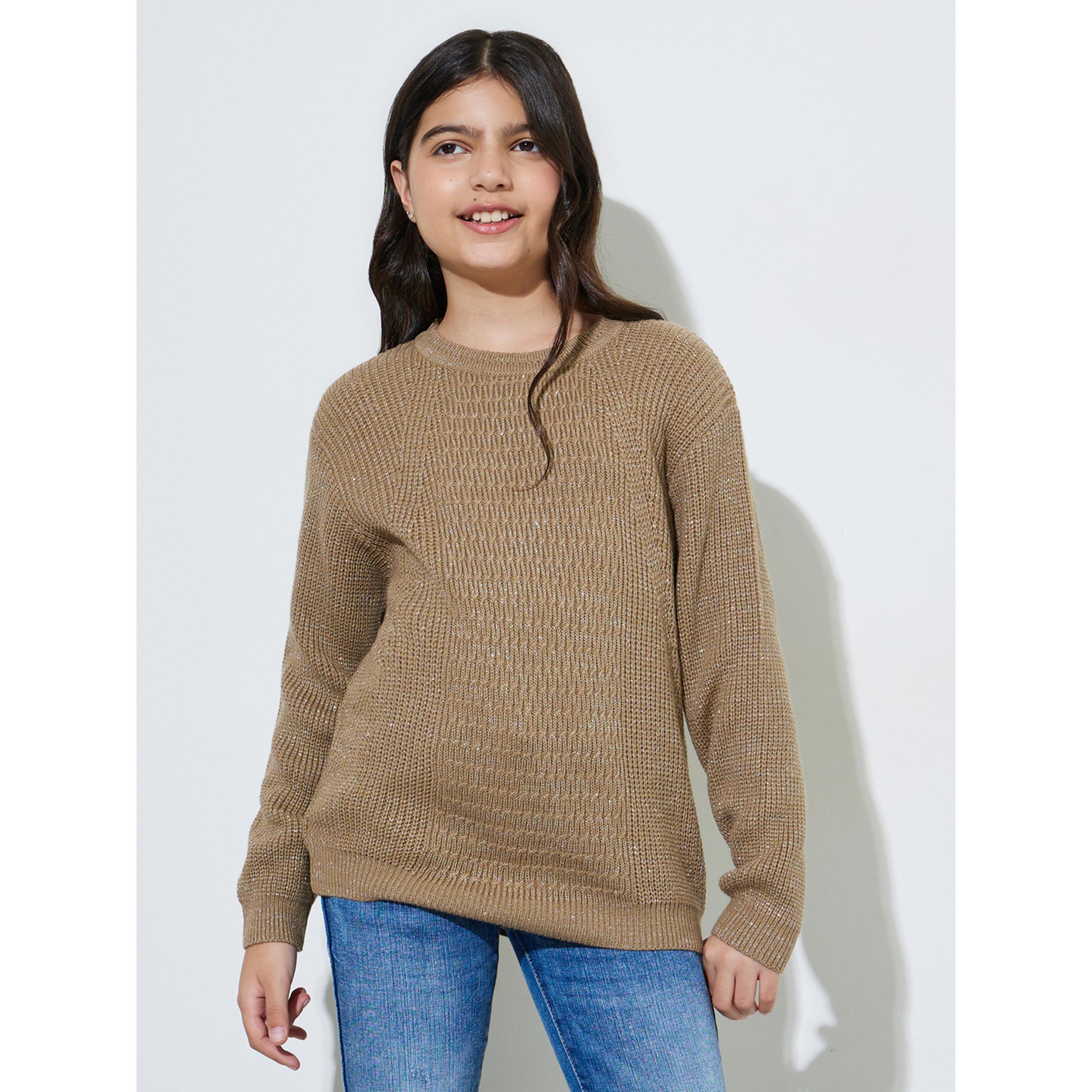 سويتر محبوك بياقة دائرية للبنات المراهقات باللون البيج-girls-clothing-jumpersandcardigans-image-1