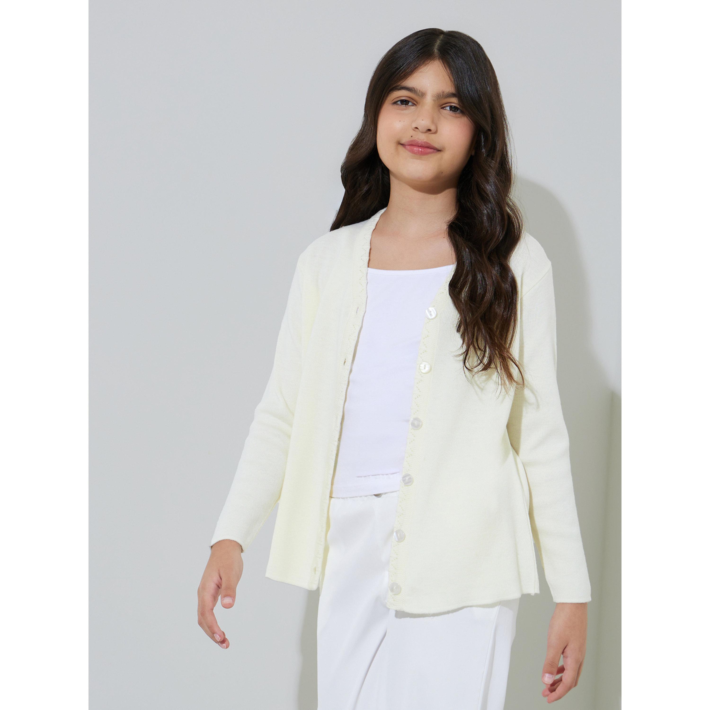 Styli Teen Girls Off White Solid Button-Front Cardigan-girls-clothing-jumpersandcardigans-image-3