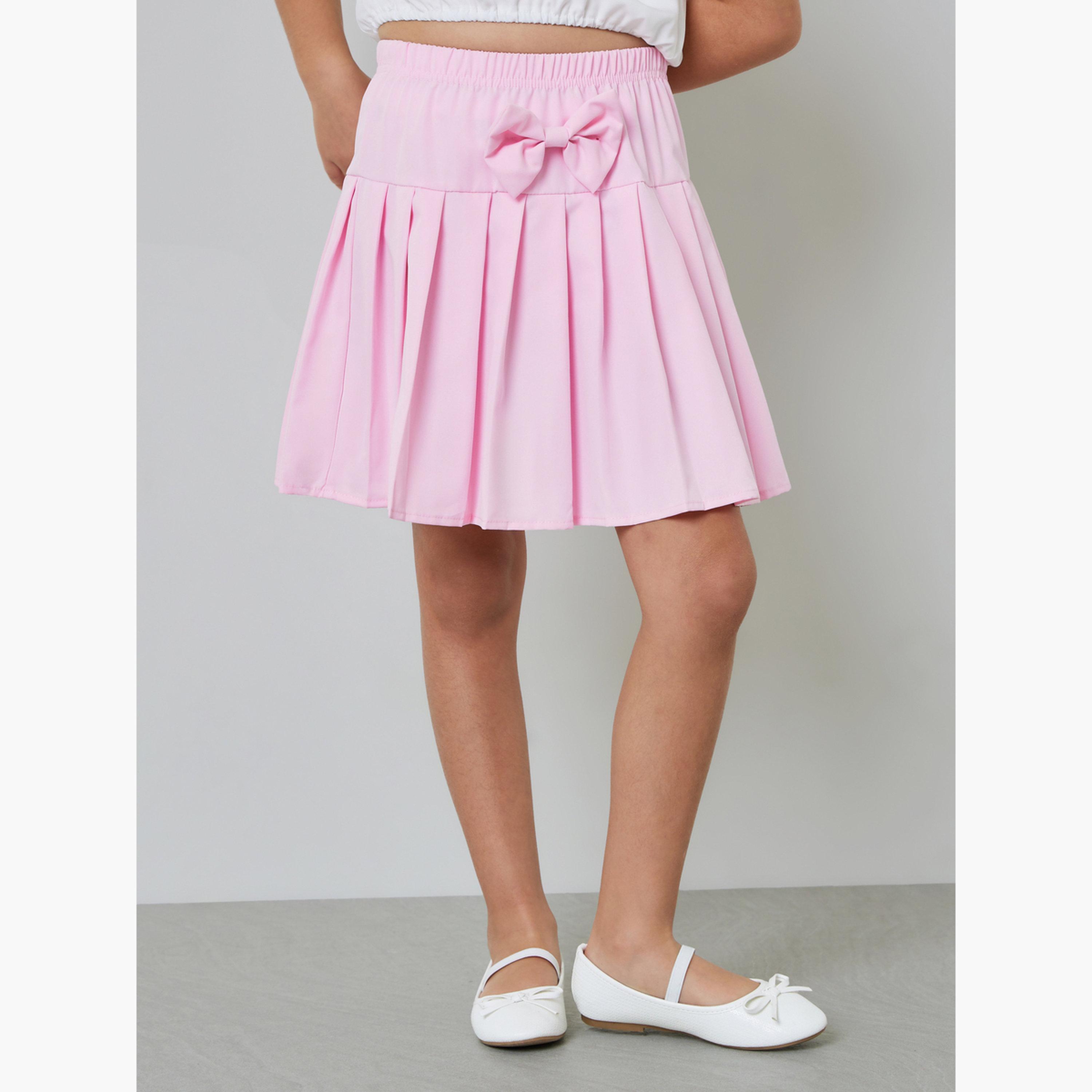 مجموعة من تنورة بكسرات وبلوزة بأكمام منفوخة وتفاصيل فيونكة للبنات-girls-clothing-setsandcoords-image-5