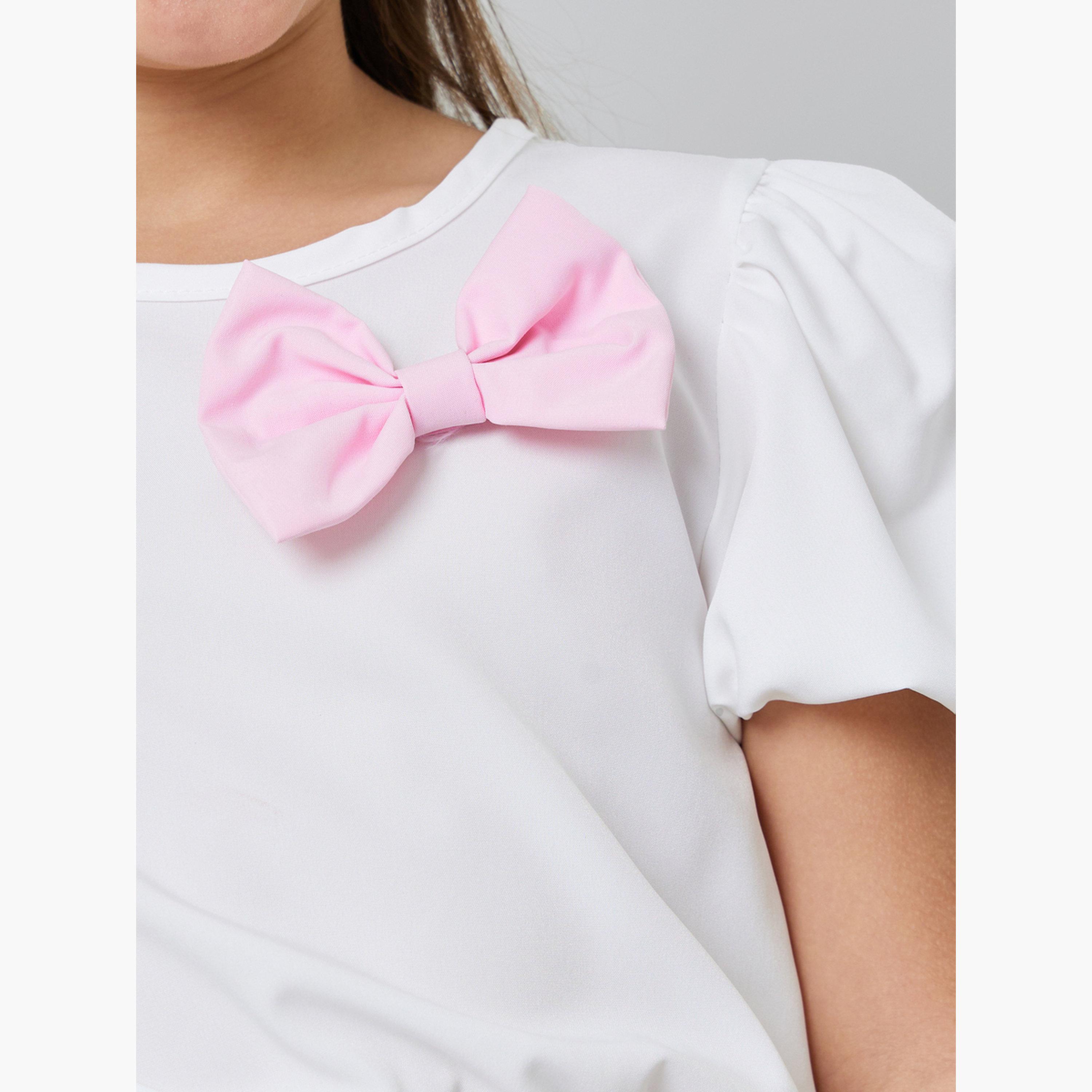 مجموعة من تنورة بكسرات وبلوزة بأكمام منفوخة وتفاصيل فيونكة للبنات-girls-clothing-setsandcoords-image-6