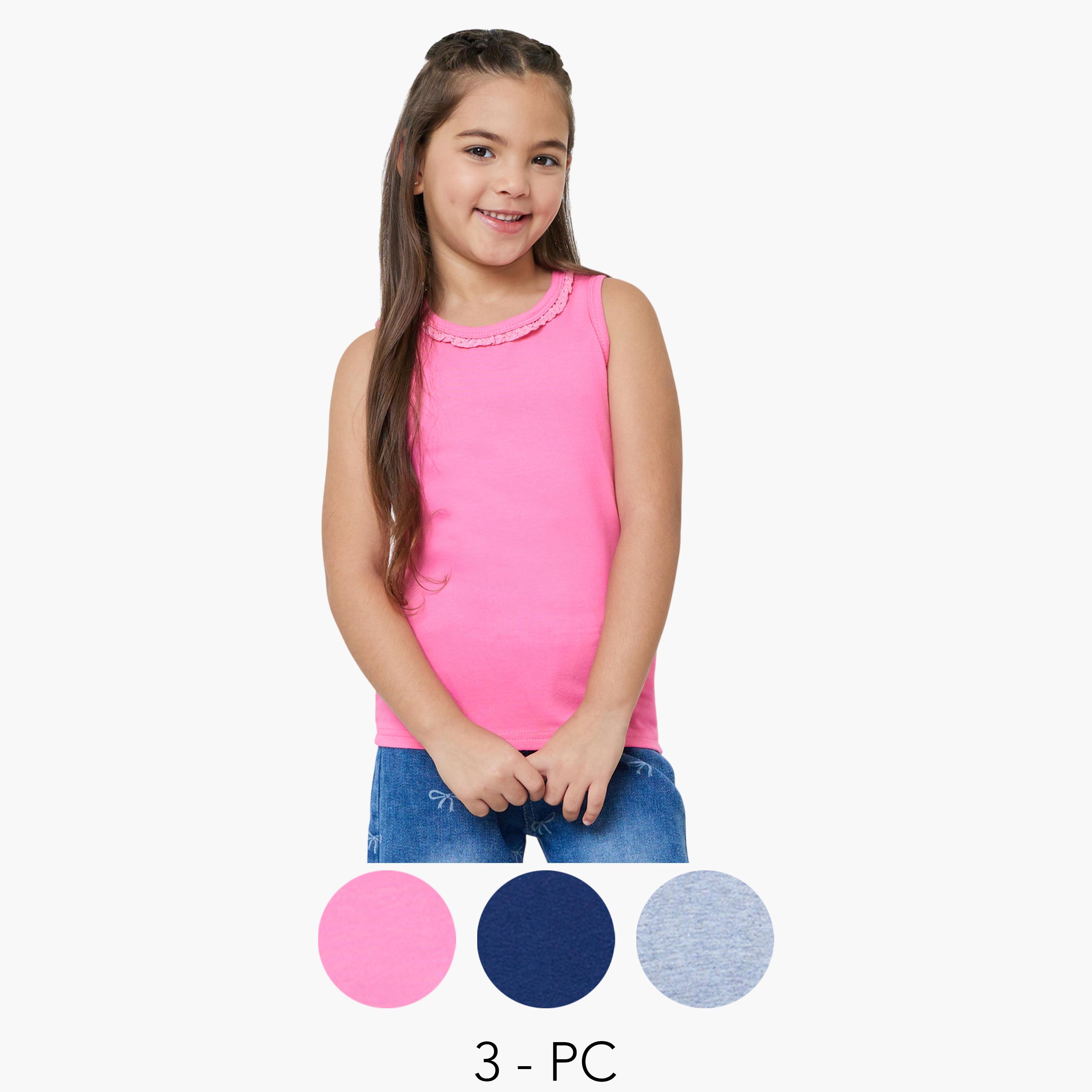 Styli Girls Pack of 3 - Plain Vest with Lace Trim-girls-clothing-innerwear-image-1