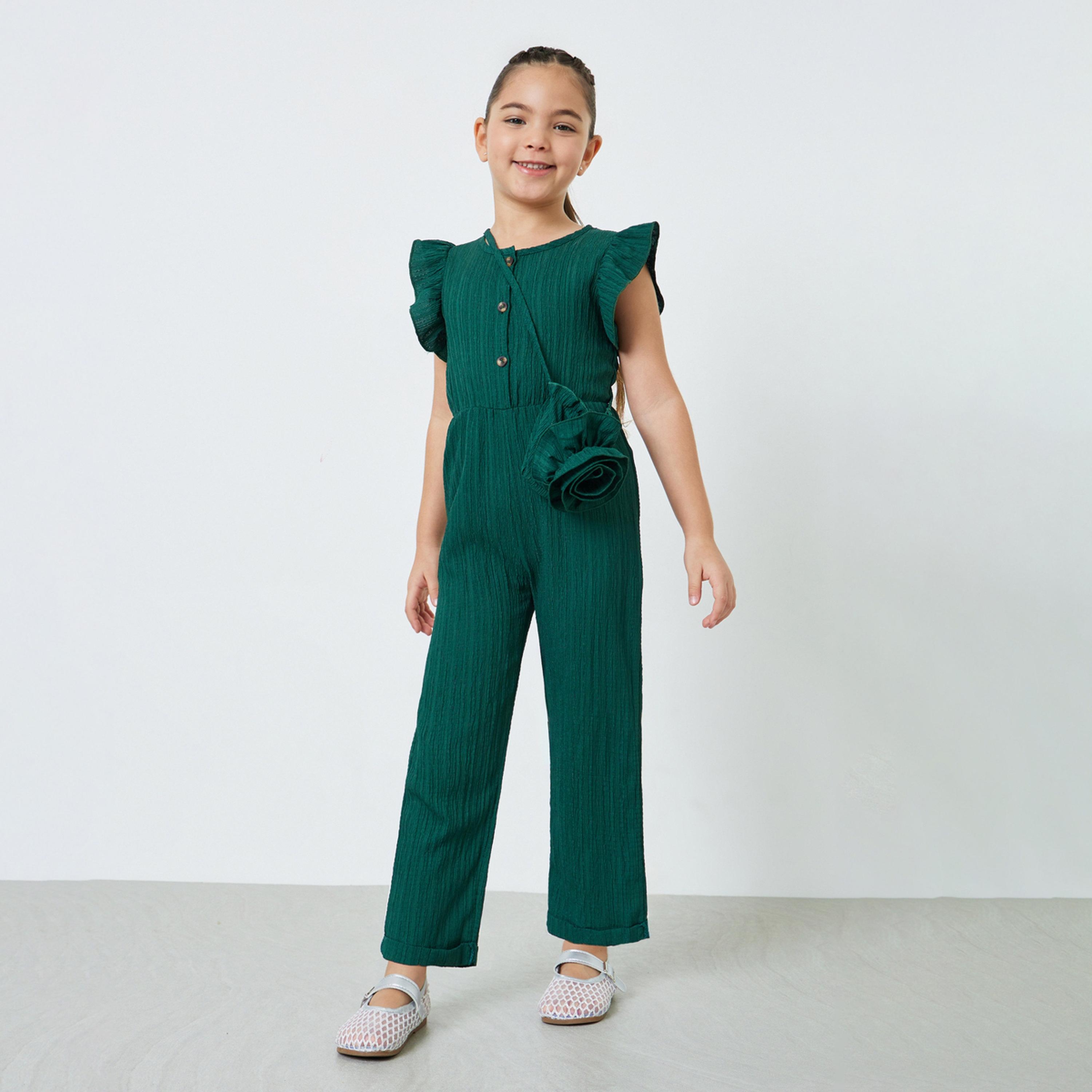 ستايلي - جمبسوت بناتي أخضر داكن بنقشة مميزة مع حقيبة كتف-girls-clothing-rompers-image-1