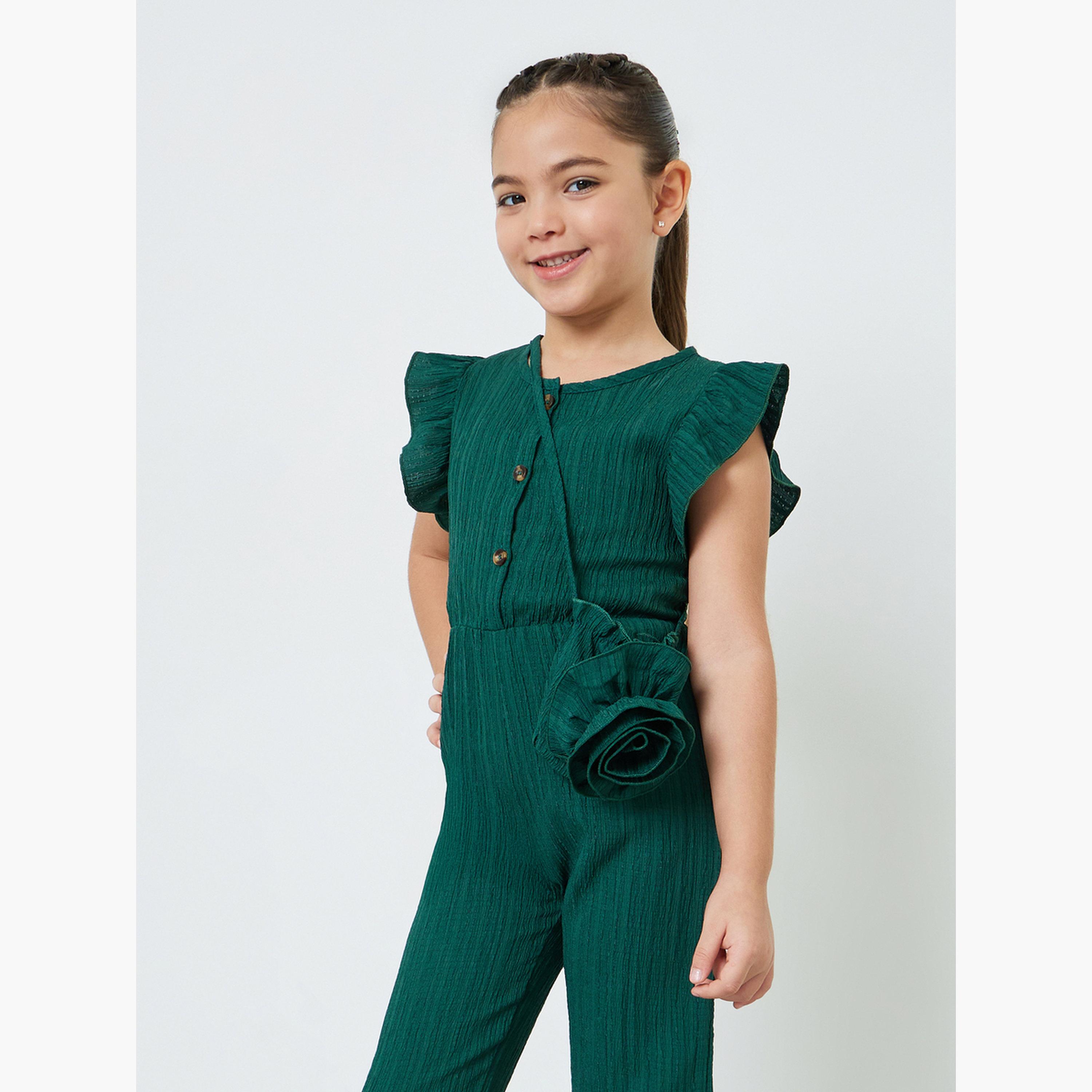 ستايلي - جمبسوت بناتي أخضر داكن بنقشة مميزة مع حقيبة كتف-girls-clothing-rompers-image-2