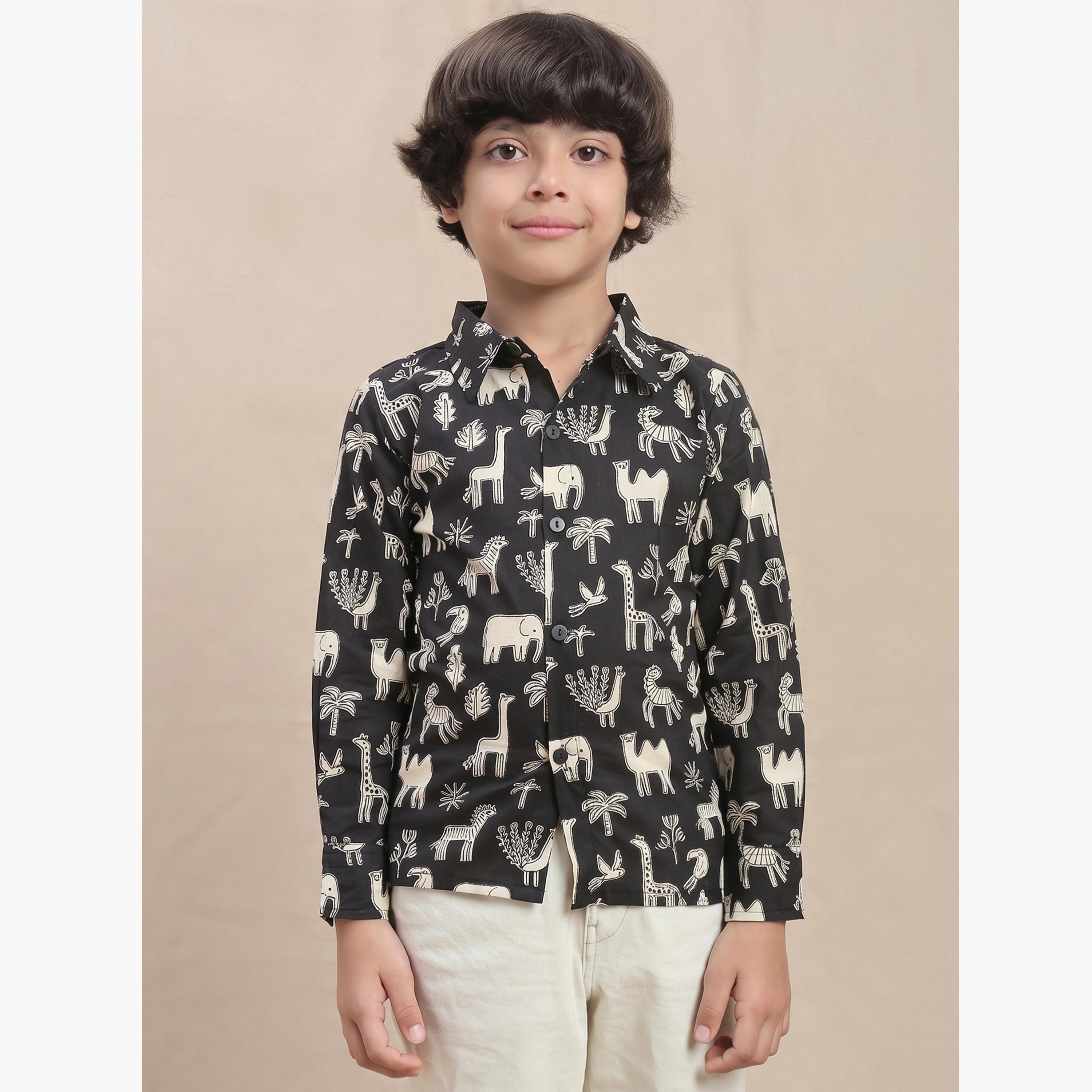 Globus X Styli Kids Black All Over Graphic Print Relaxed Fit Shirt-boys-clothing-shirts-image-1