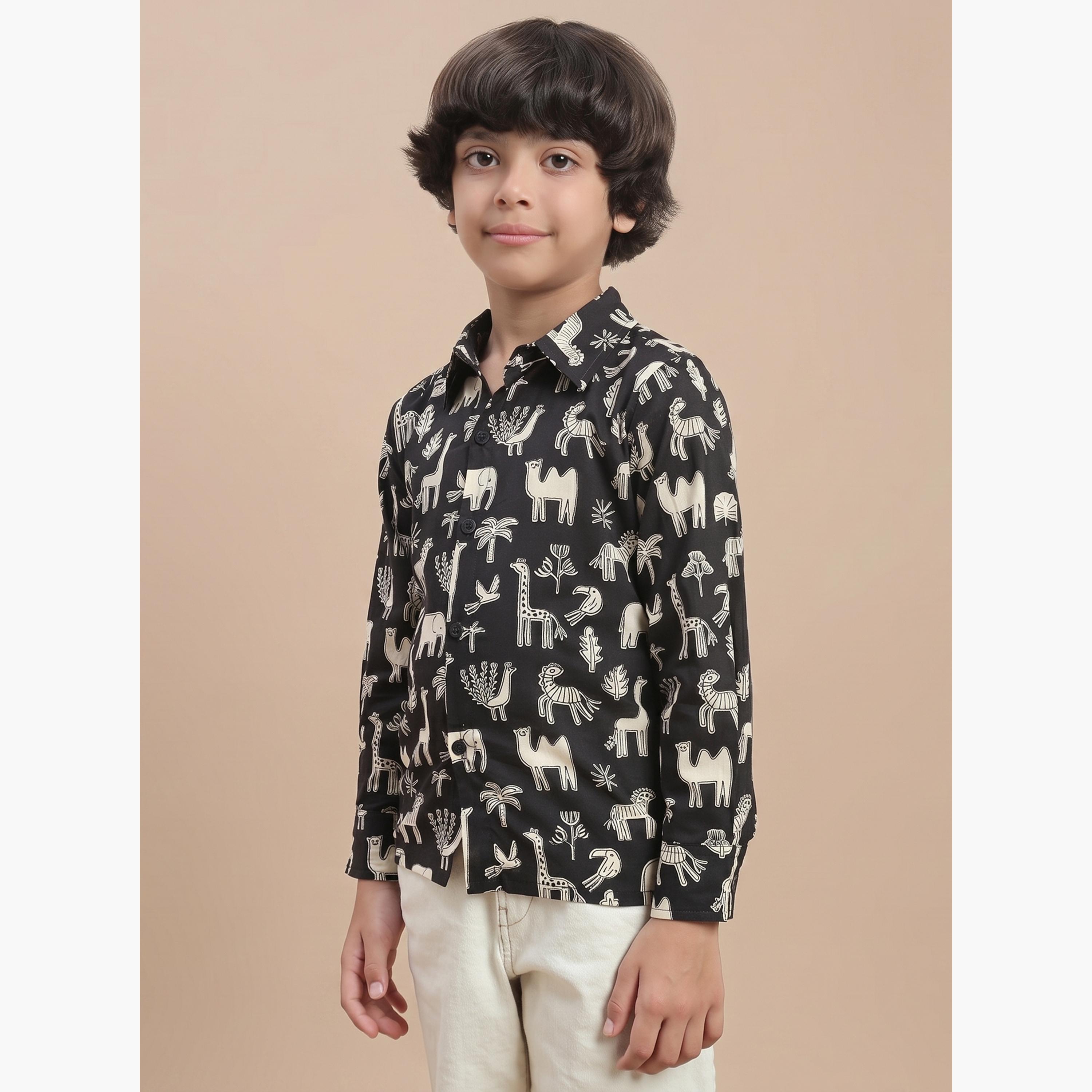 Globus X Styli Kids Black All Over Graphic Print Relaxed Fit Shirt-boys-clothing-shirts-image-4
