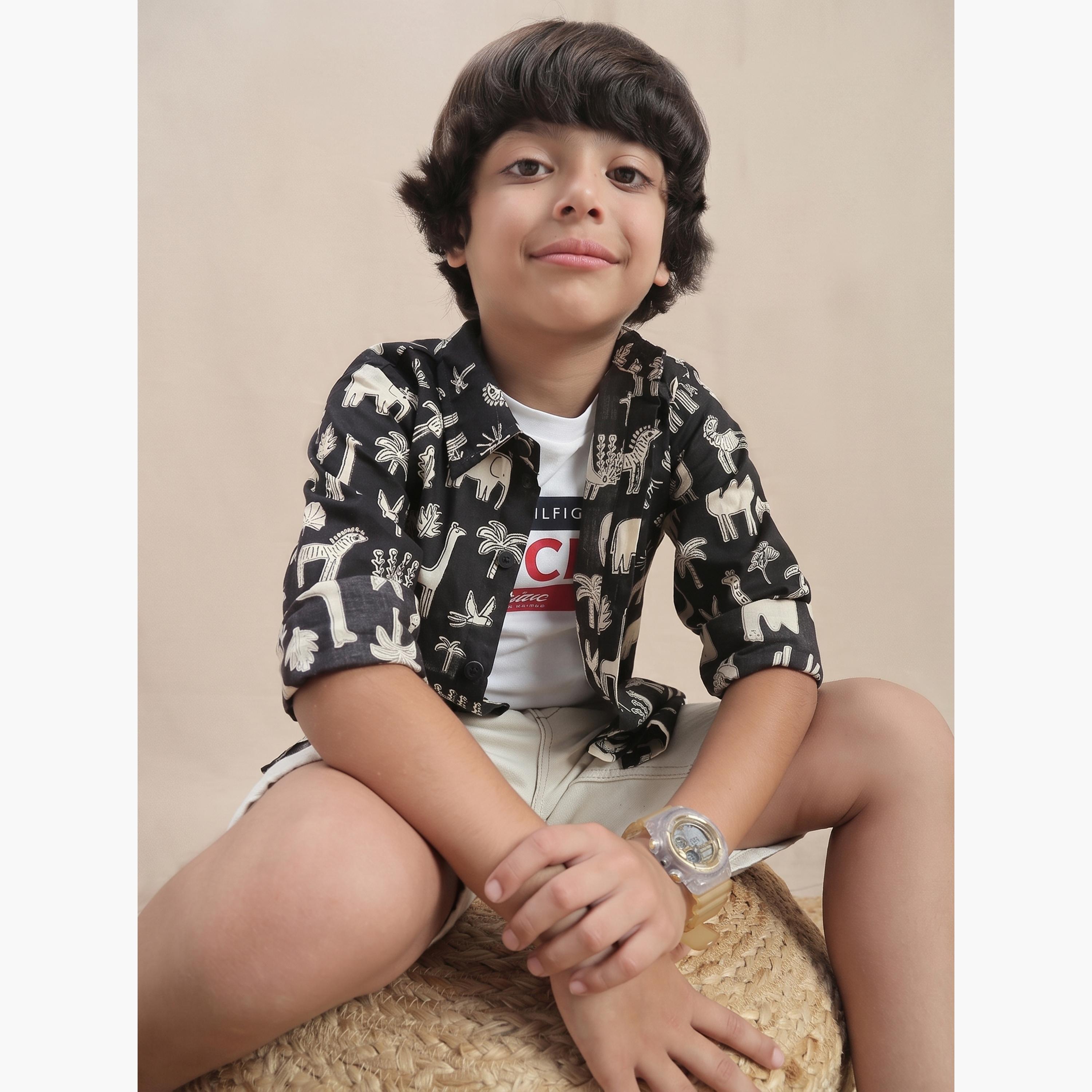 Globus X Styli Kids Black All Over Graphic Print Relaxed Fit Shirt-boys-clothing-shirts-image-5