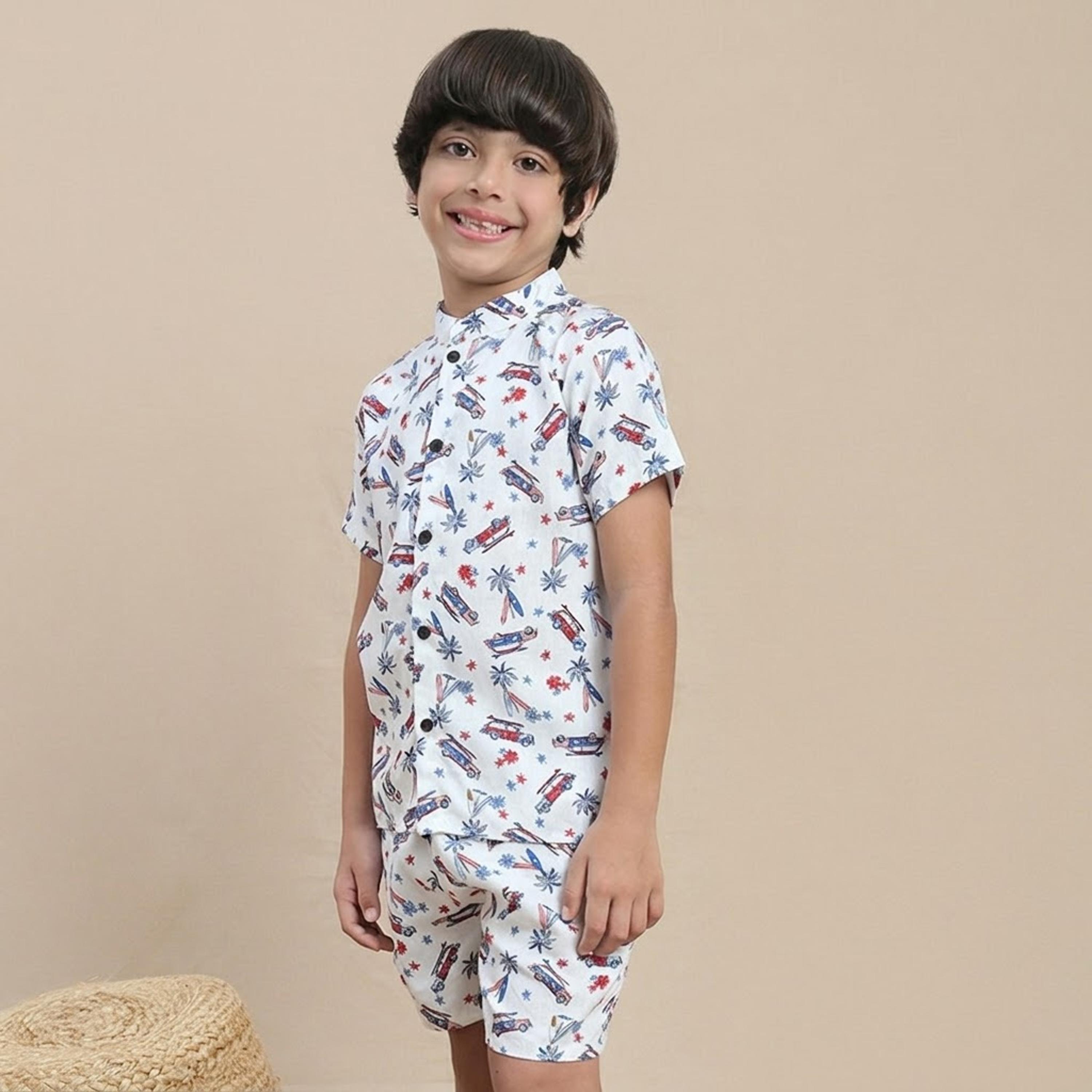 Globus X Styli Kids White Graphic Print Shirt and Shorts Set-boys-clothing-setsandcoords-image-1