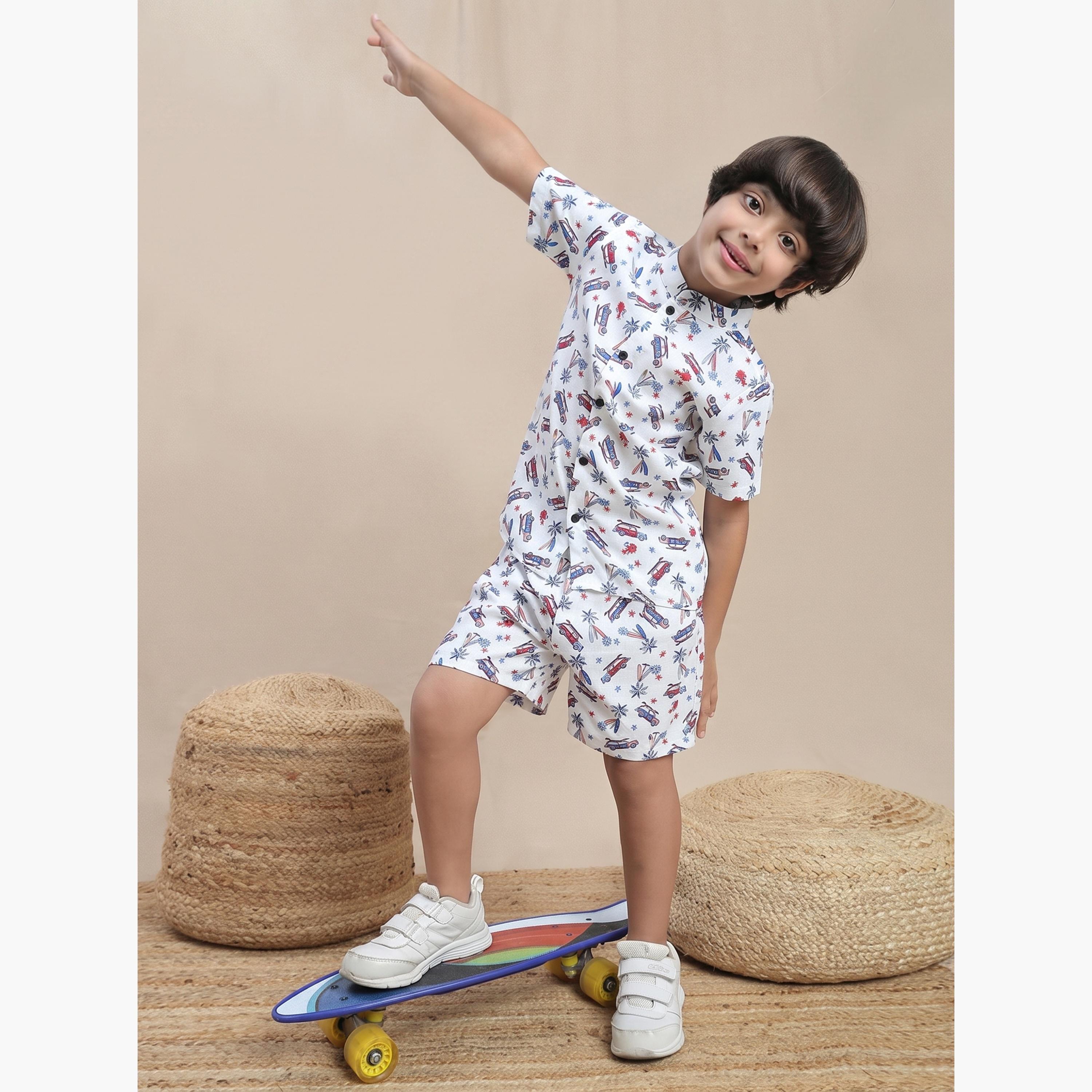 Globus X Styli Kids White Graphic Print Shirt and Shorts Set-boys-clothing-setsandcoords-image-2