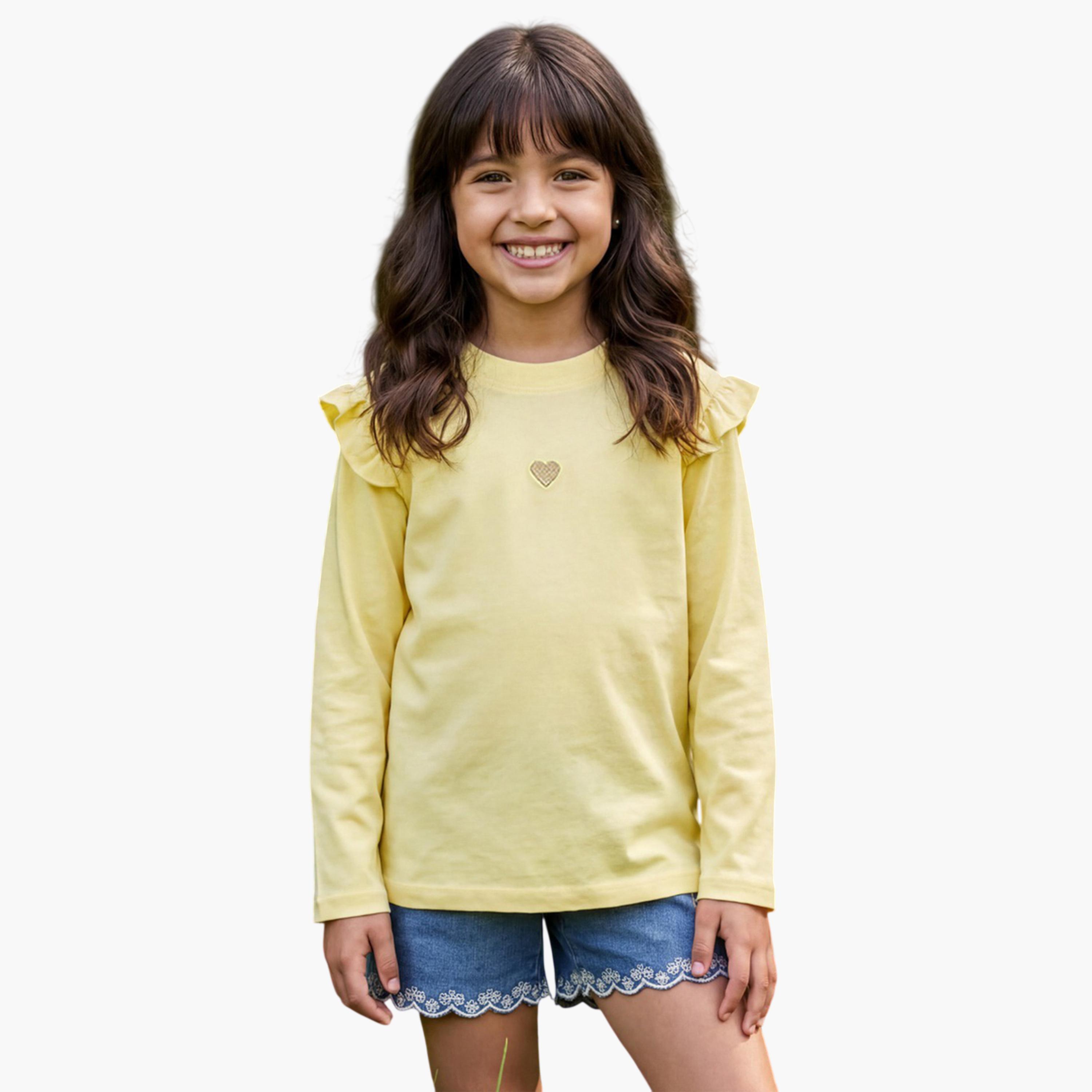 غلوبس × ستايلي - تيشيرت أصفر للبنات، بياقة دائرية وأكمام طويلة وتفاصيل كشكشة-girls-clothing-tshirts-image-1