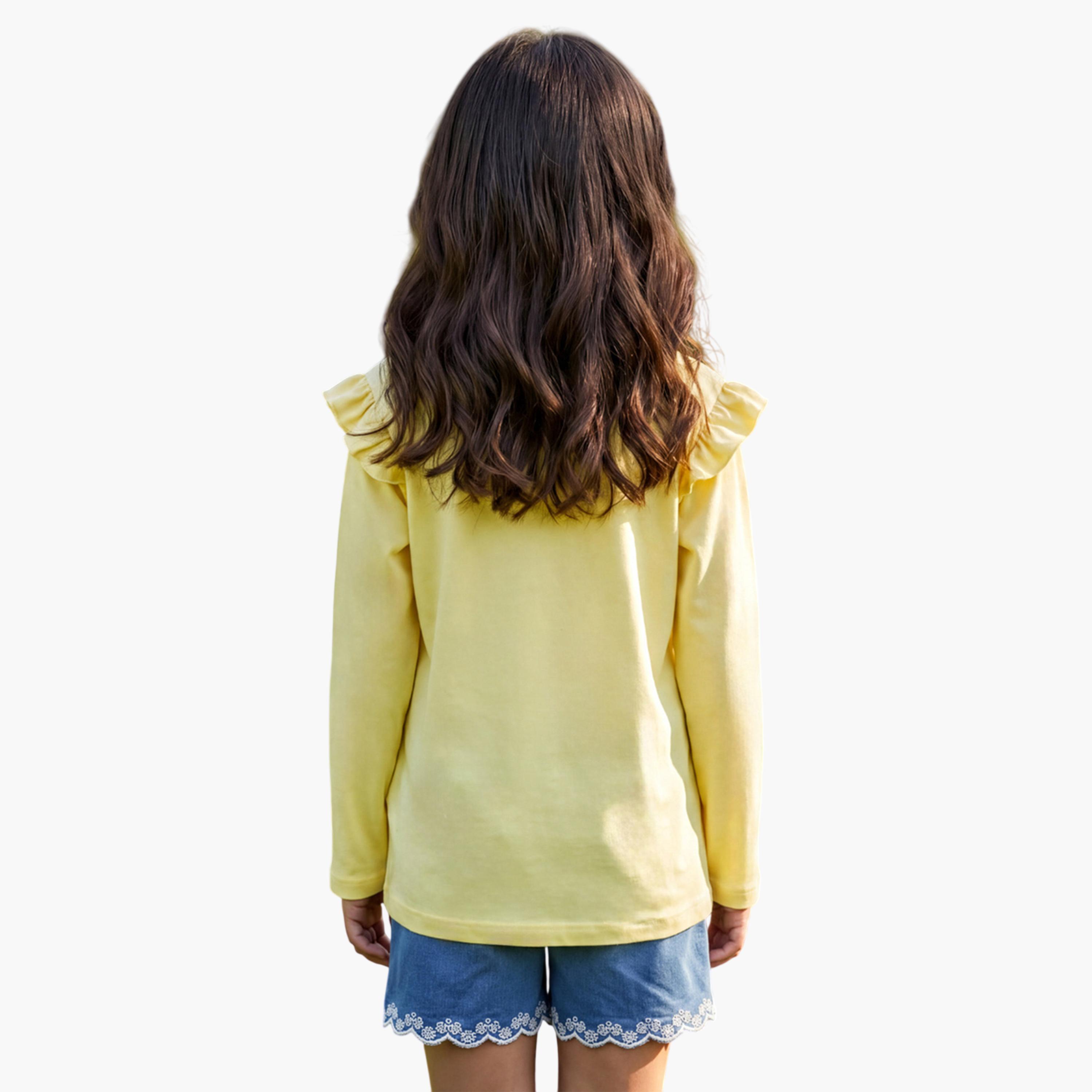 غلوبس × ستايلي - تيشيرت أصفر للبنات، بياقة دائرية وأكمام طويلة وتفاصيل كشكشة-girls-clothing-tshirts-image-3