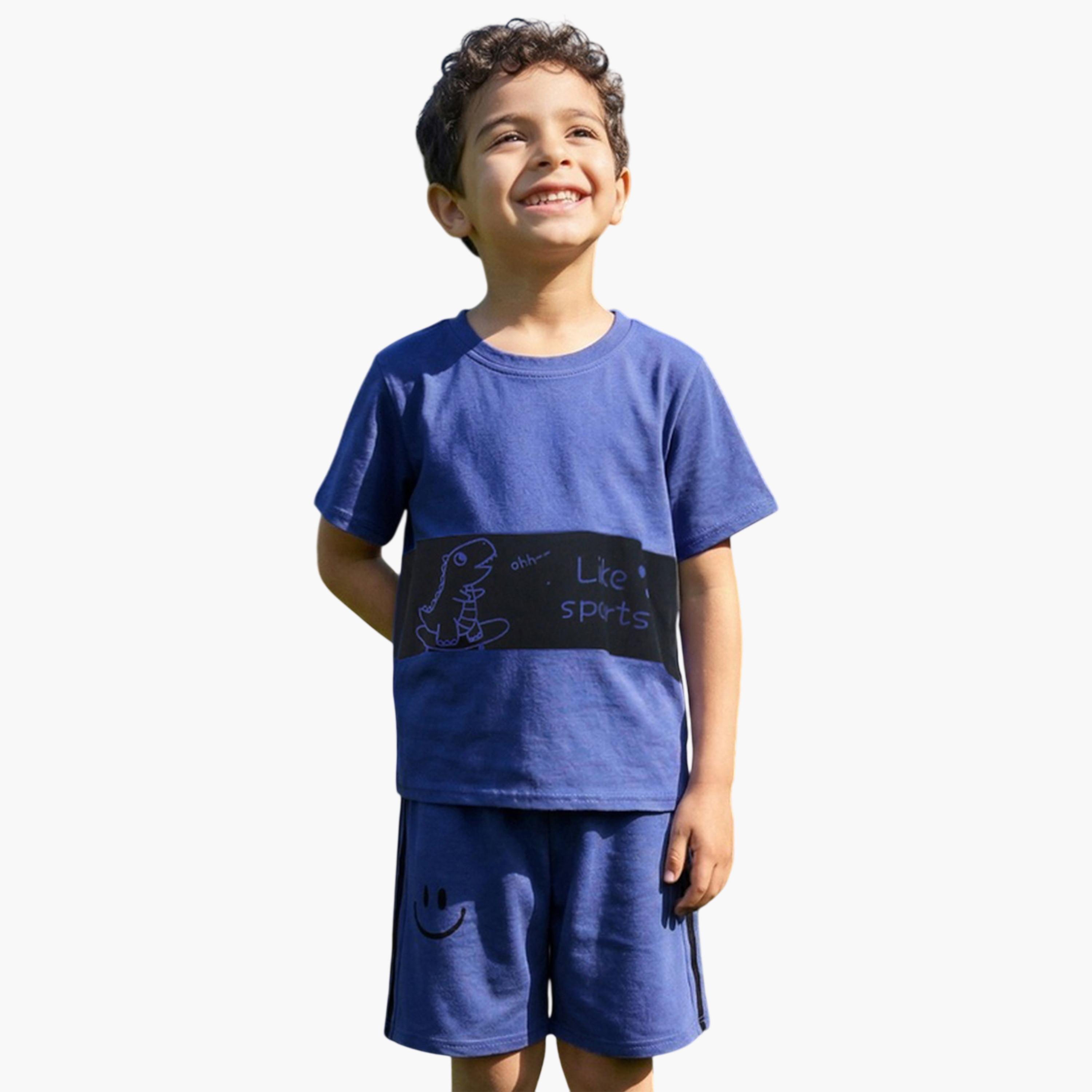 Globus X Styli Kids Blue Graphic Print T-Shirt and Shorts Set-boys-clothing-setsandcoords-image-1