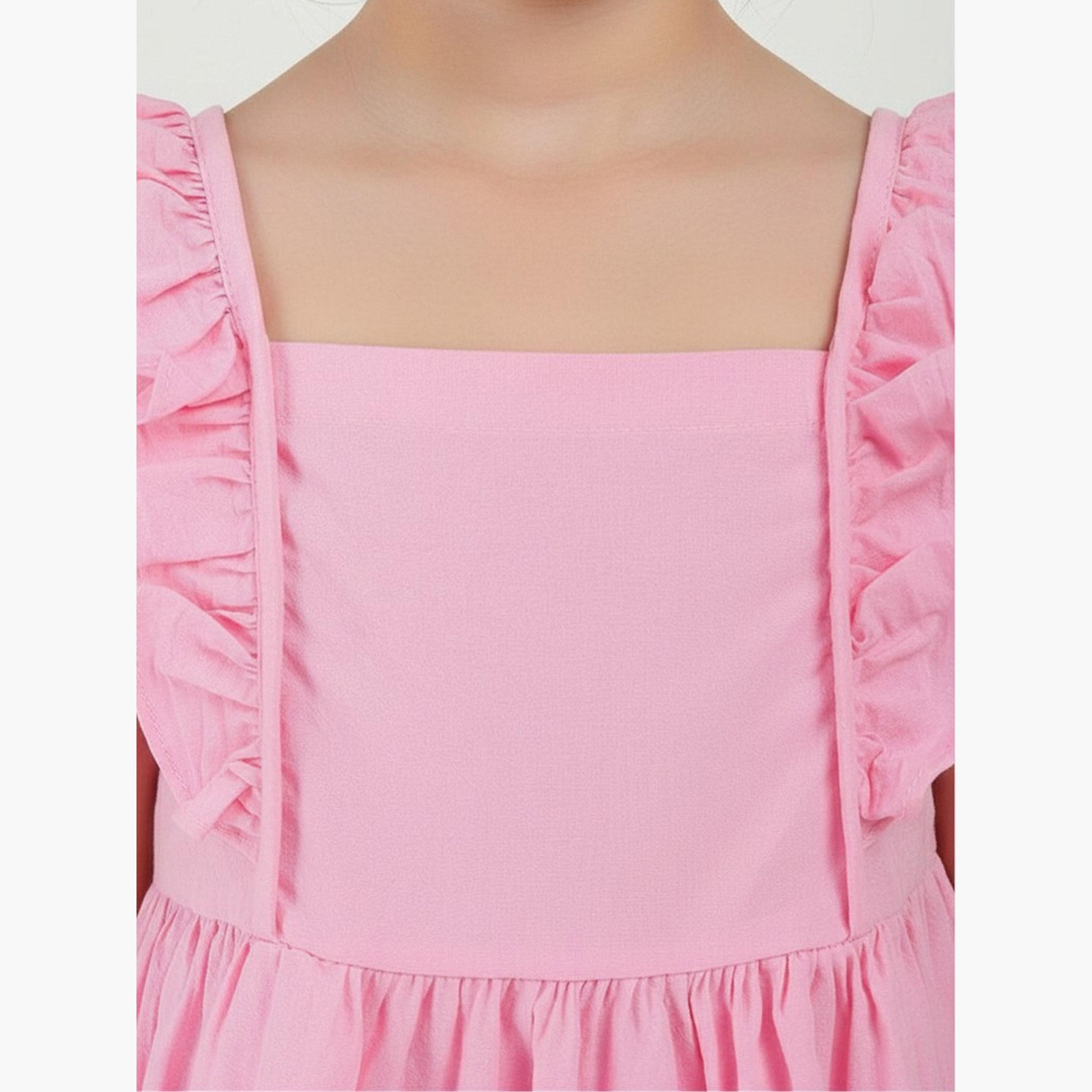 غلوبس × ستايلي - فستان قصير وردي للبنات، بياقة مربعة وتفاصيل كشكشة وأكمام منفوخة-girls-clothing-dressesandjumpsuits-image-4
