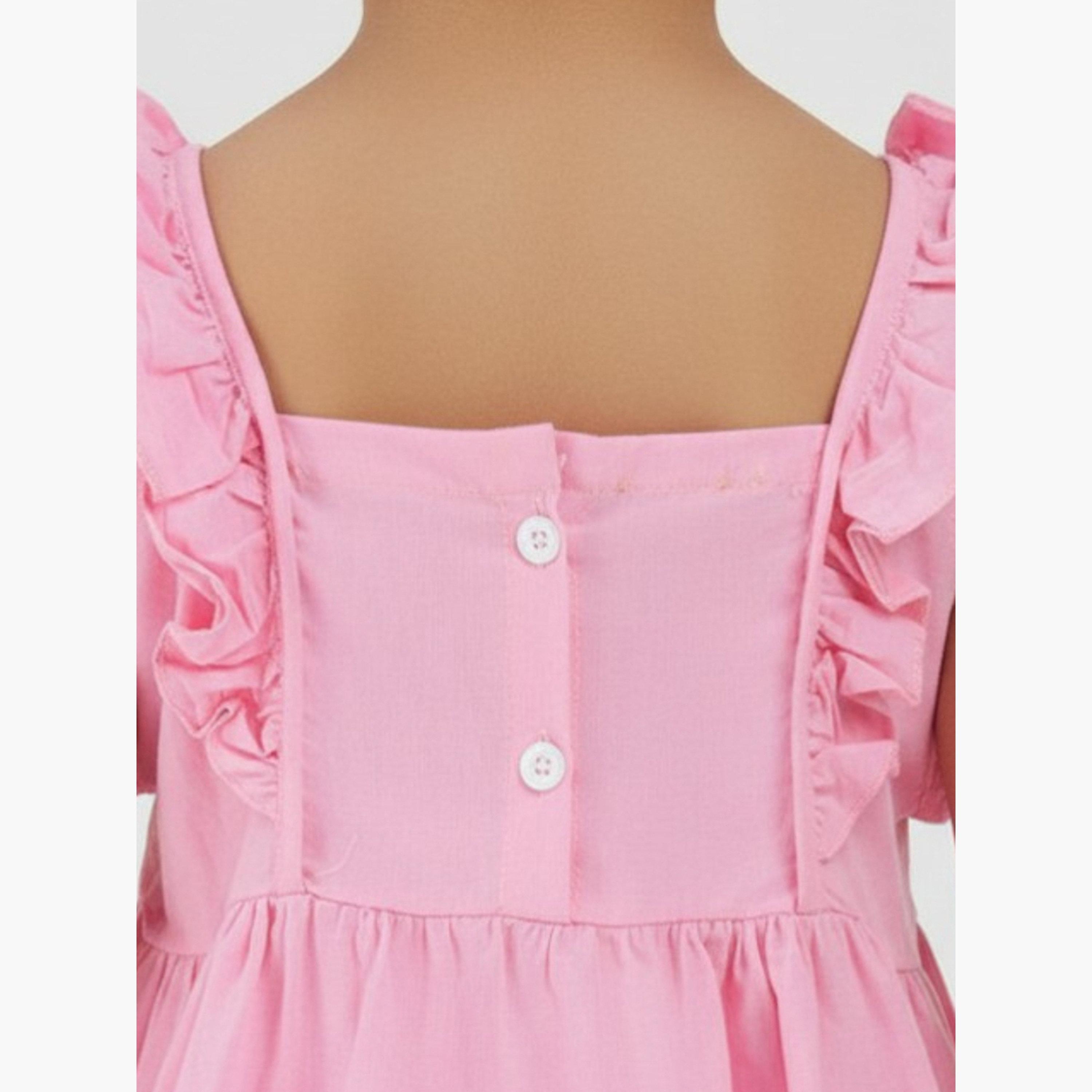 غلوبس × ستايلي - فستان قصير وردي للبنات، بياقة مربعة وتفاصيل كشكشة وأكمام منفوخة-girls-clothing-dressesandjumpsuits-image-5