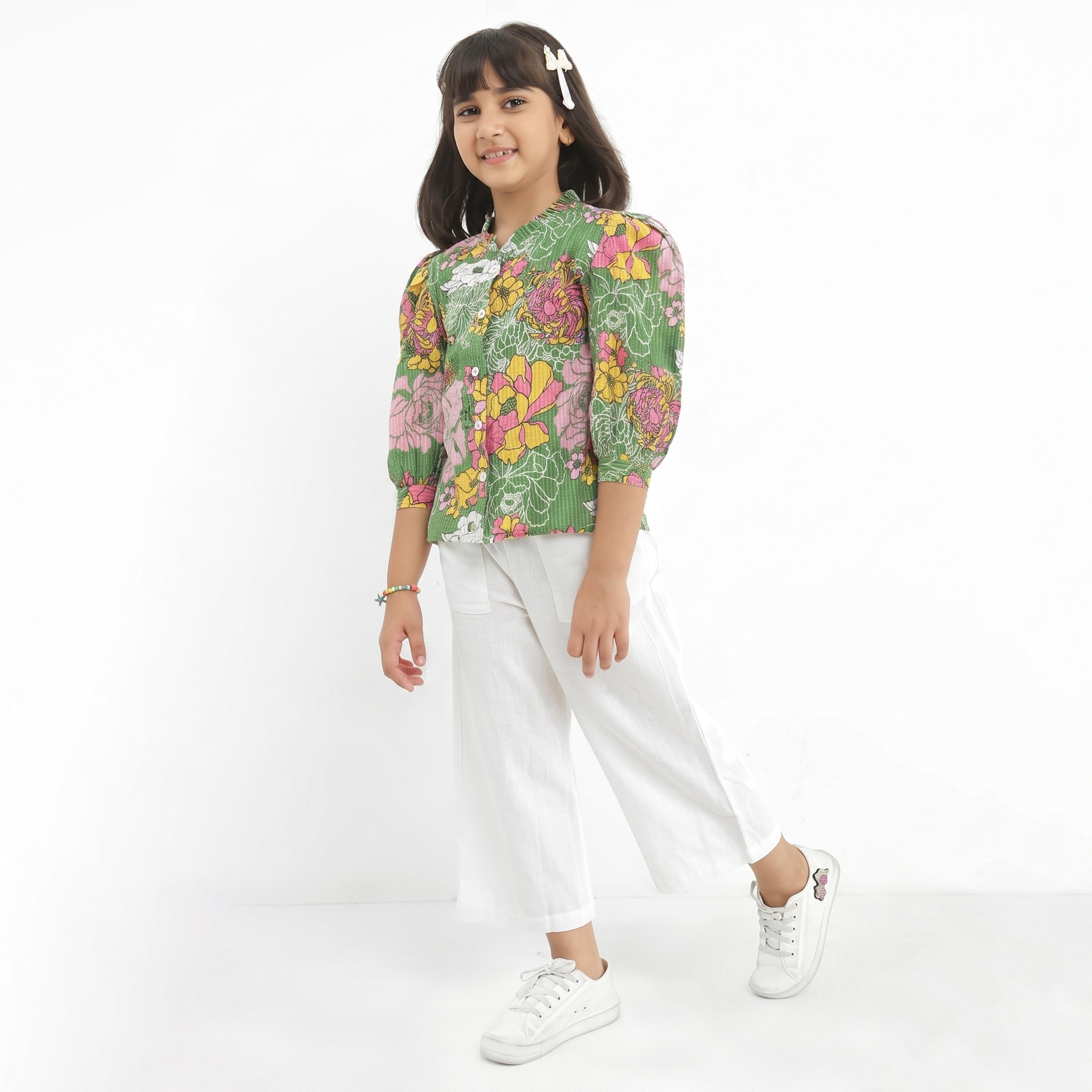 Globus X Styli Girls Green Floral Print Shirt with Trousers Set-girls-clothing-setsandcoords-image-1
