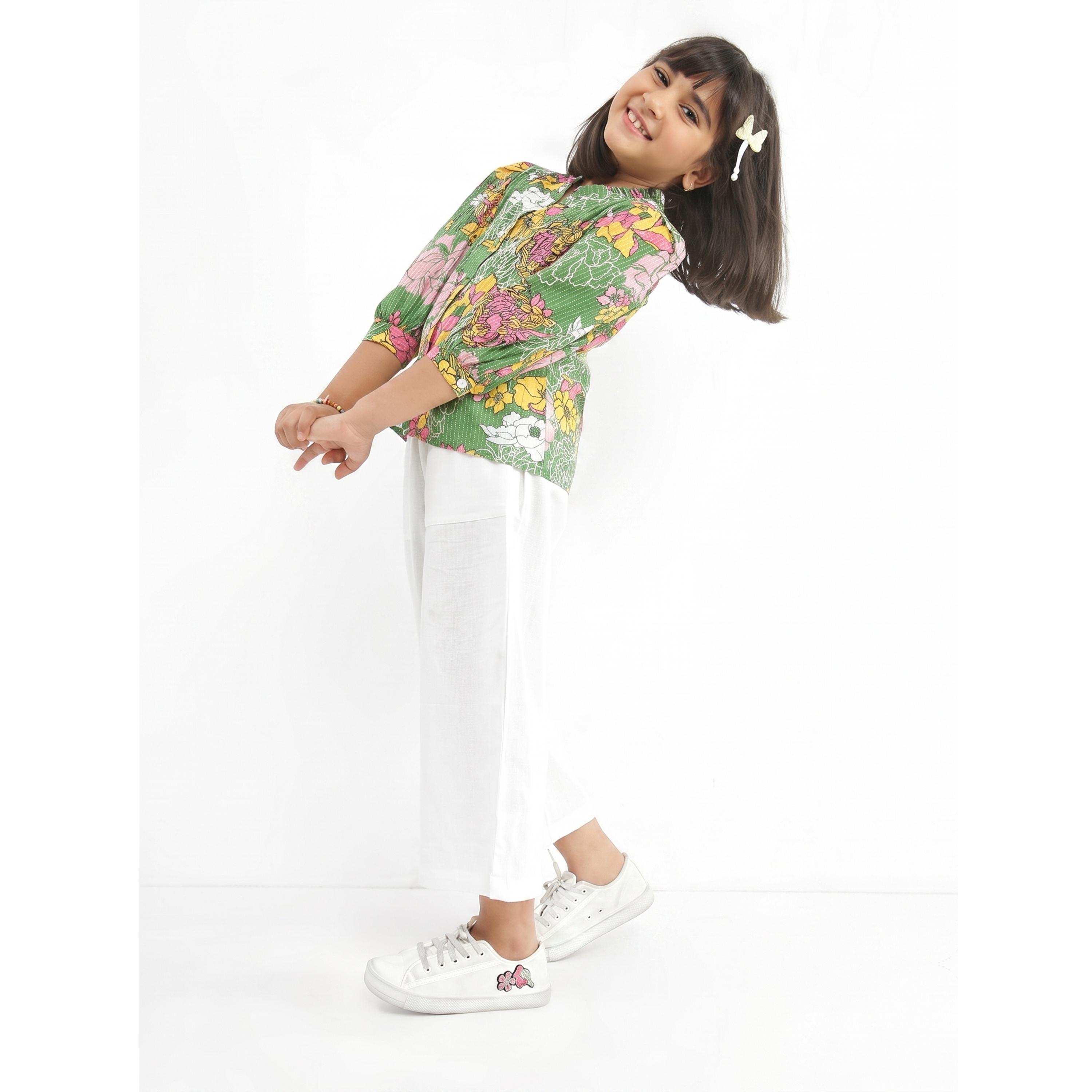 Globus X Styli Girls Green Floral Print Shirt with Trousers Set-girls-clothing-setsandcoords-image-2