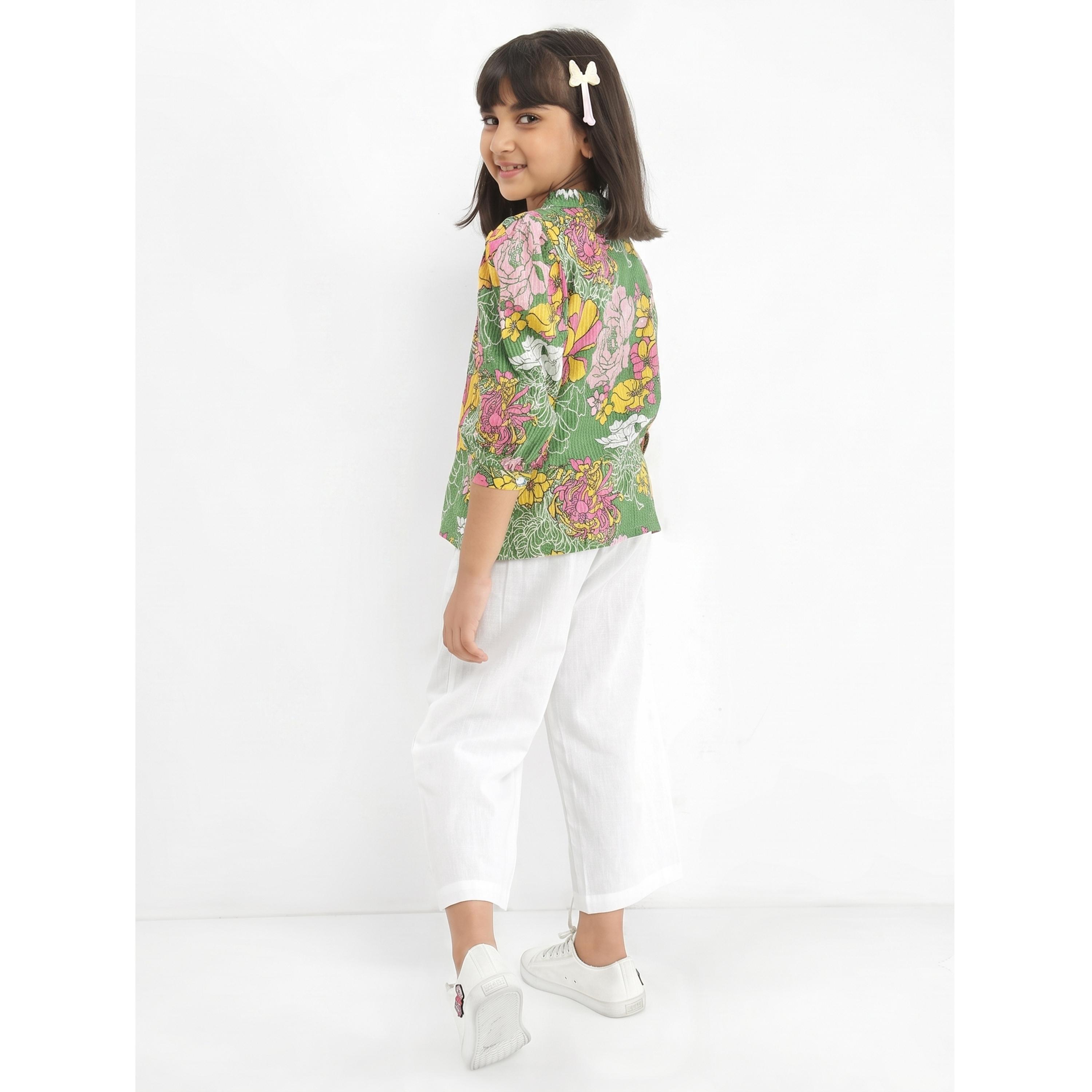 Globus X Styli Girls Green Floral Print Shirt with Trousers Set-girls-clothing-setsandcoords-image-3
