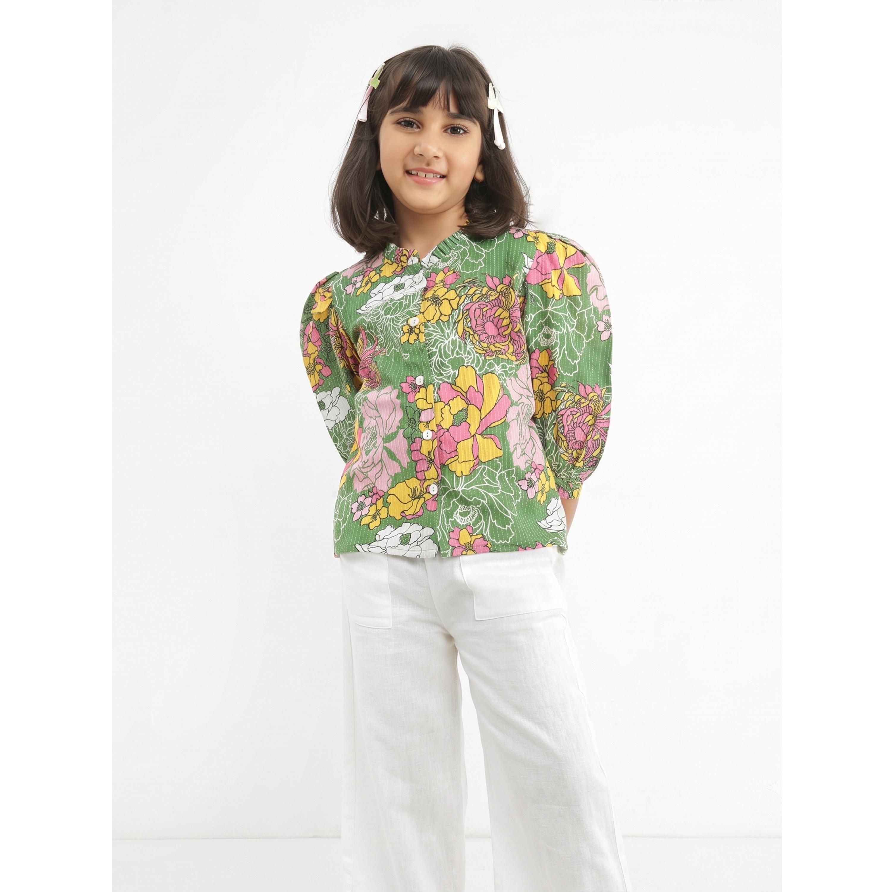 Globus X Styli Girls Green Floral Print Shirt with Trousers Set-girls-clothing-setsandcoords-image-4