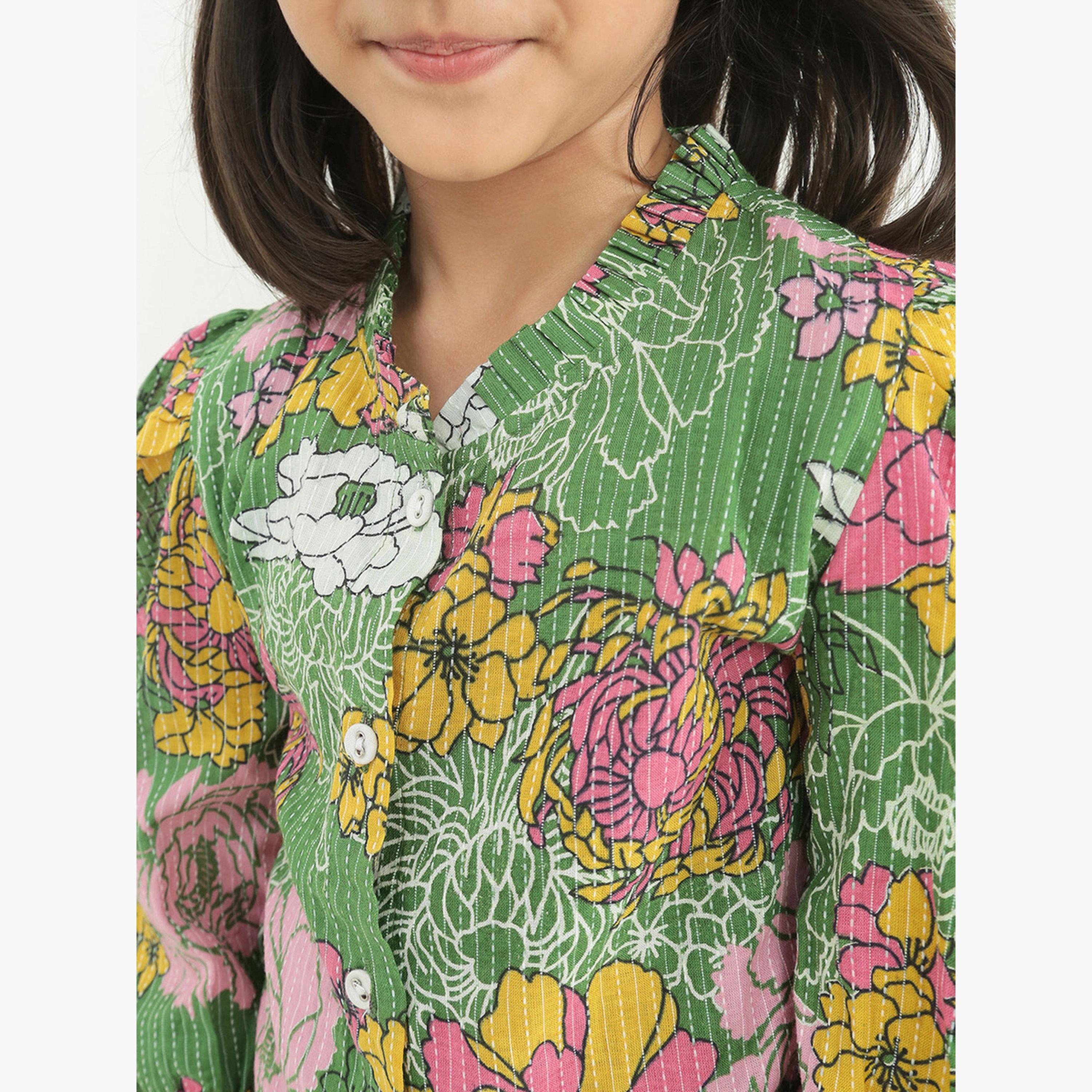 Globus X Styli Girls Green Floral Print Shirt with Trousers Set-girls-clothing-setsandcoords-image-6
