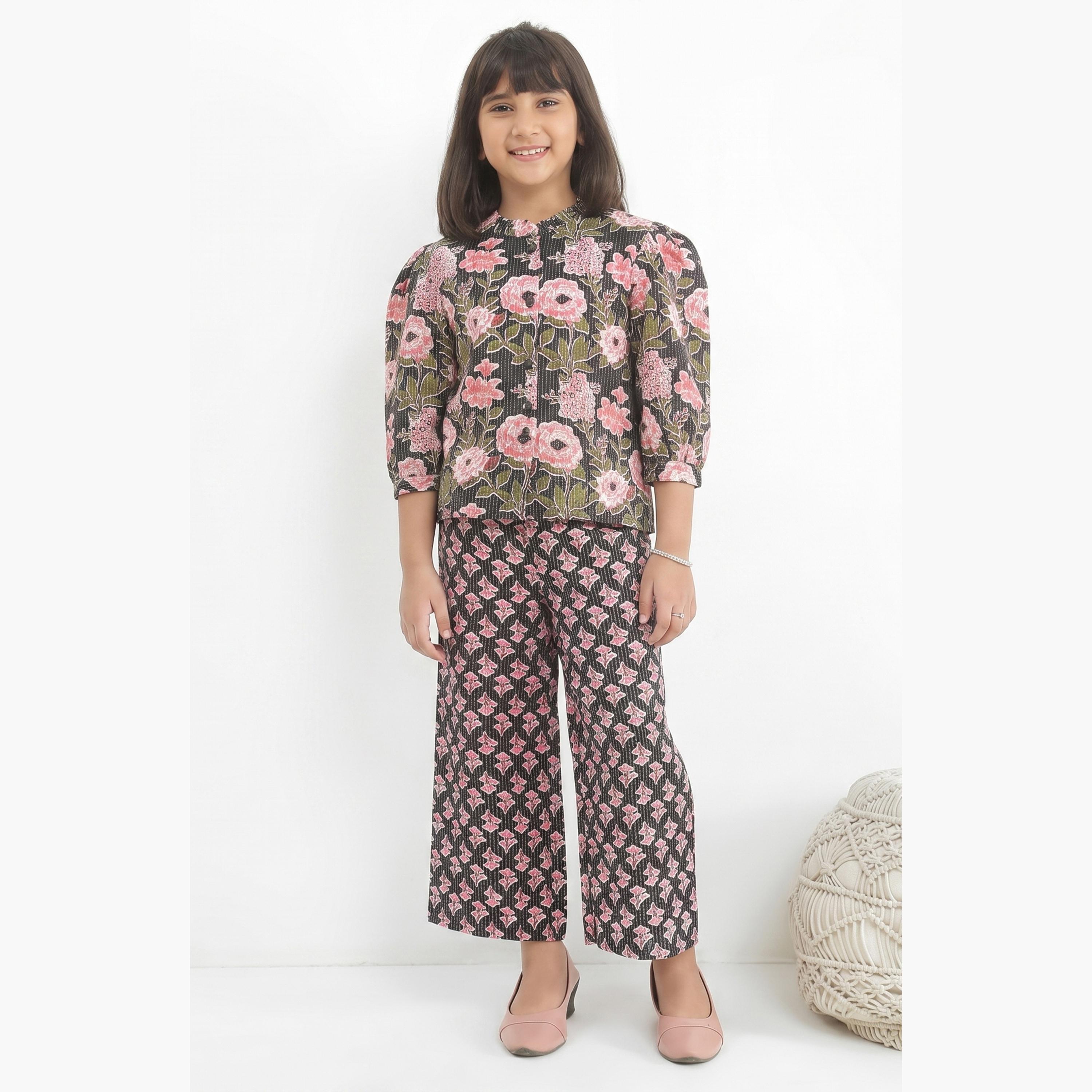 Globus X Styli Girls Black Frilled Floral Print Shirt with Pants Set-girls-clothing-setsandcoords-image-1