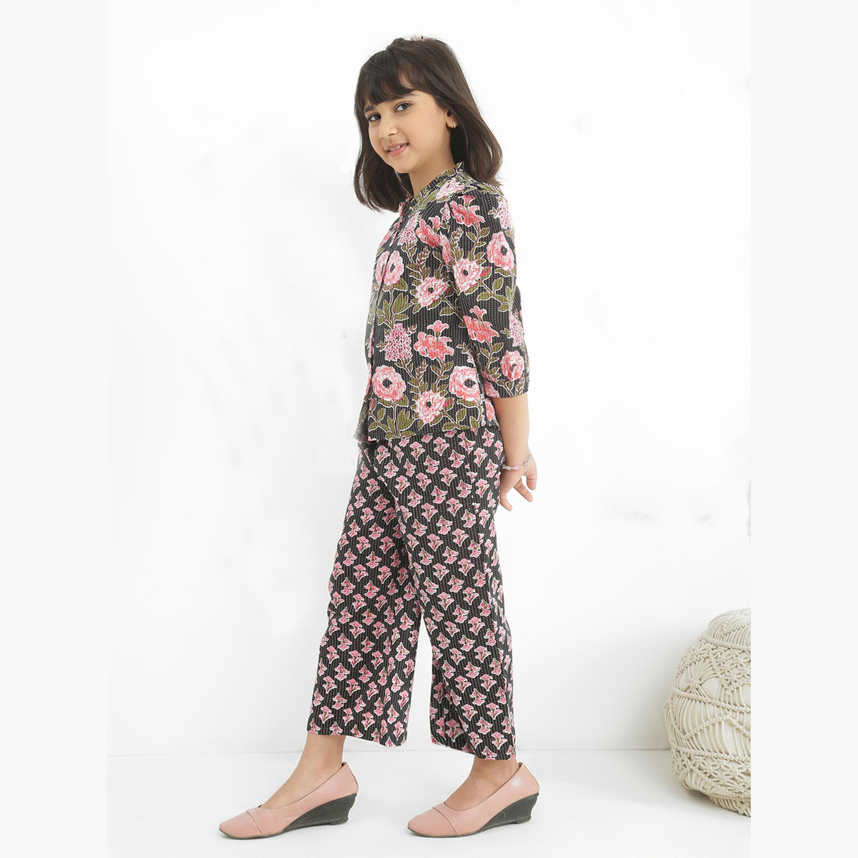 Globus X Styli Girls Black Frilled Floral Print Shirt with Pants Set-girls-clothing-setsandcoords-image-2