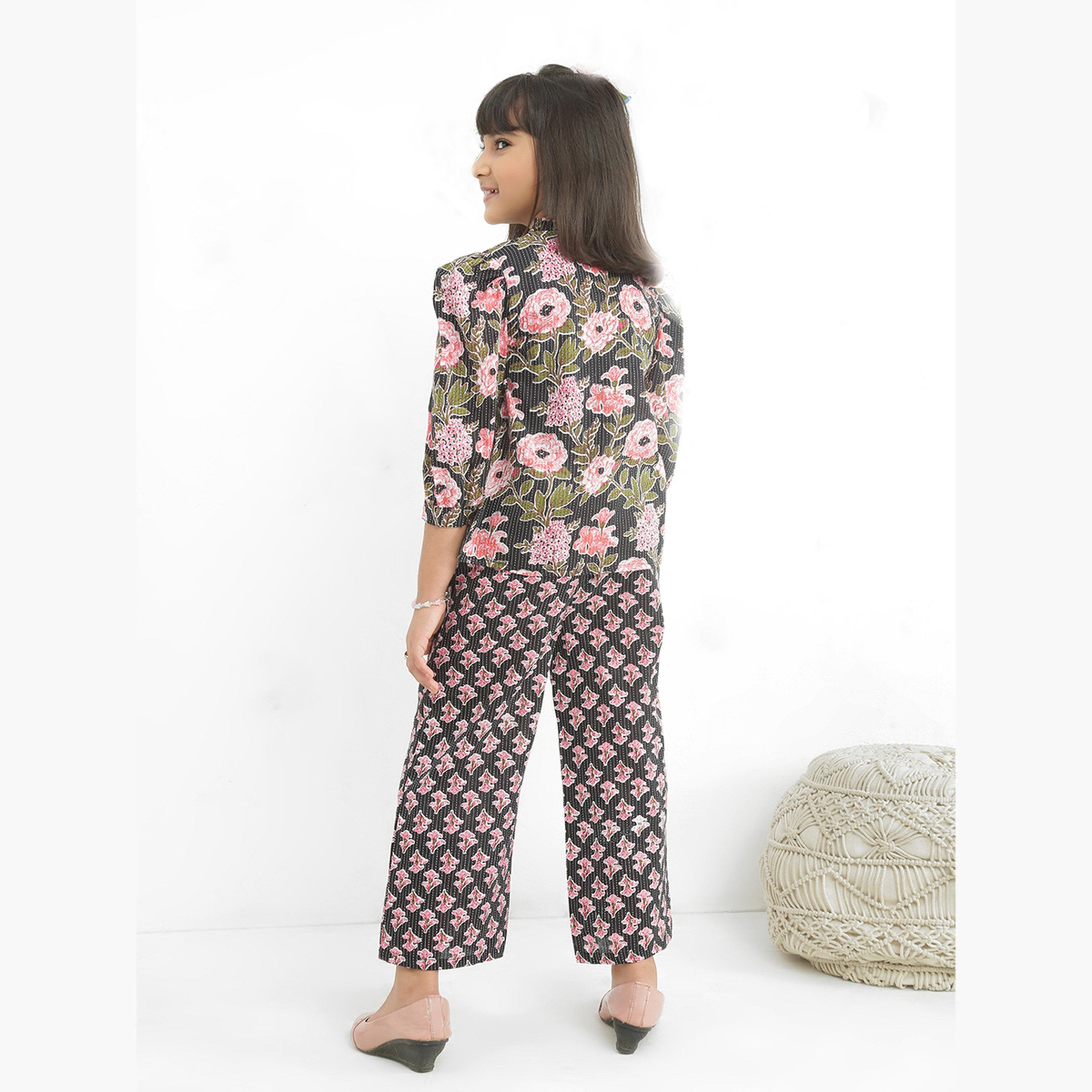 Globus X Styli Girls Black Frilled Floral Print Shirt with Pants Set-girls-clothing-setsandcoords-image-3