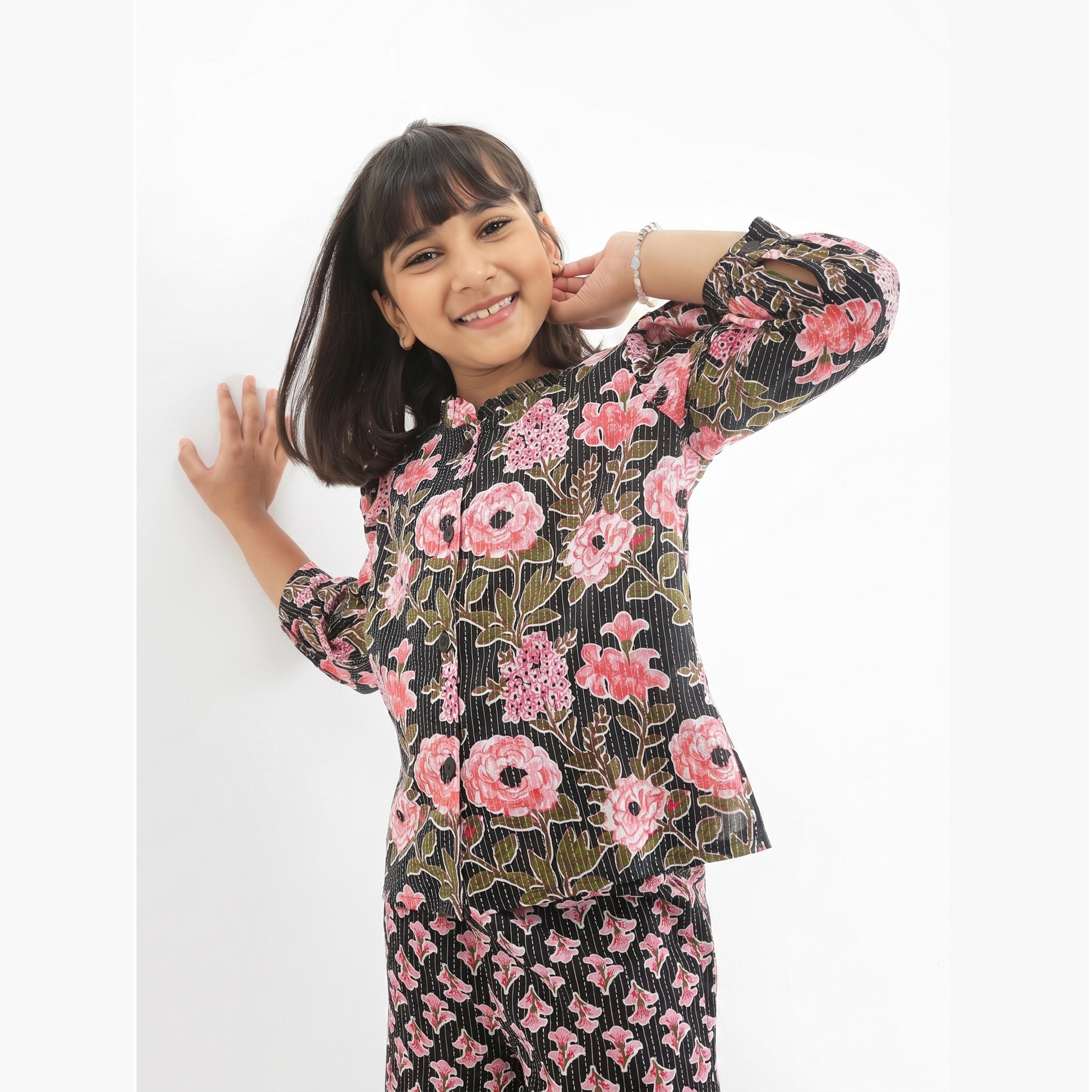 Globus X Styli Girls Black Frilled Floral Print Shirt with Pants Set-girls-clothing-setsandcoords-image-4