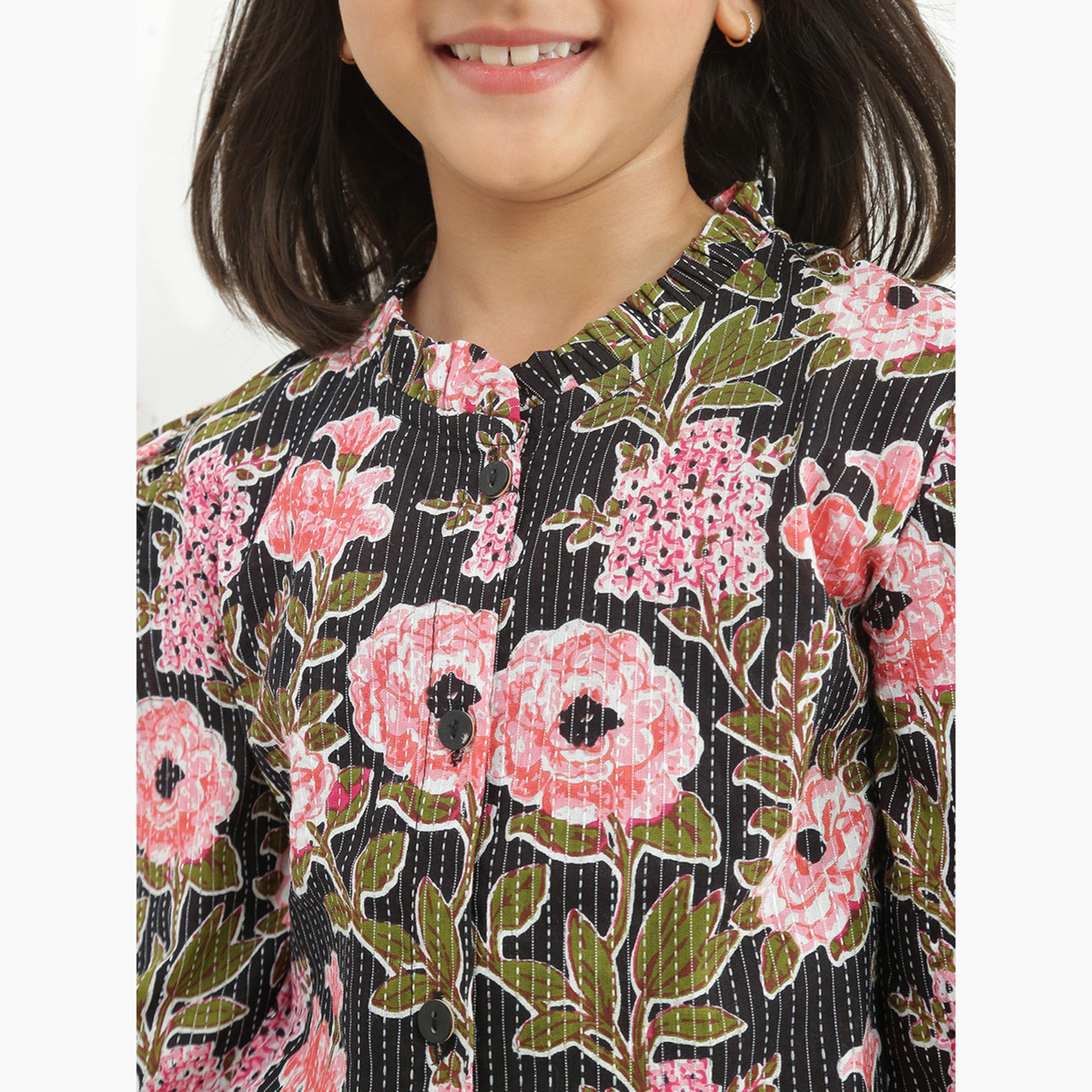 Globus X Styli Girls Black Frilled Floral Print Shirt with Pants Set-girls-clothing-setsandcoords-image-6