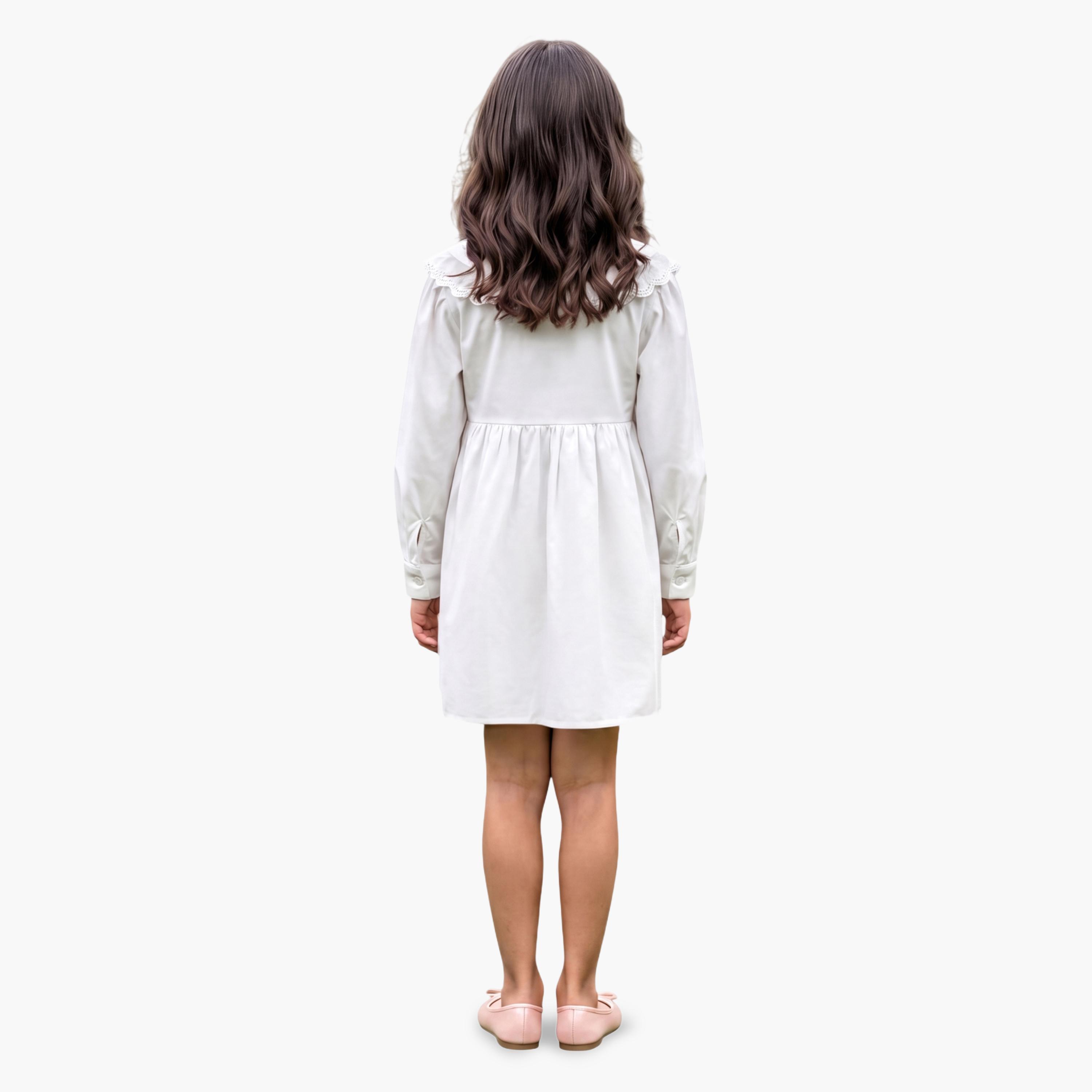 غلوبس × ستايلي - فستان قصير أبيض للبنات، بياقة بيتر بان وتطريز دانتيل-girls-clothing-dressesandjumpsuits-image-3
