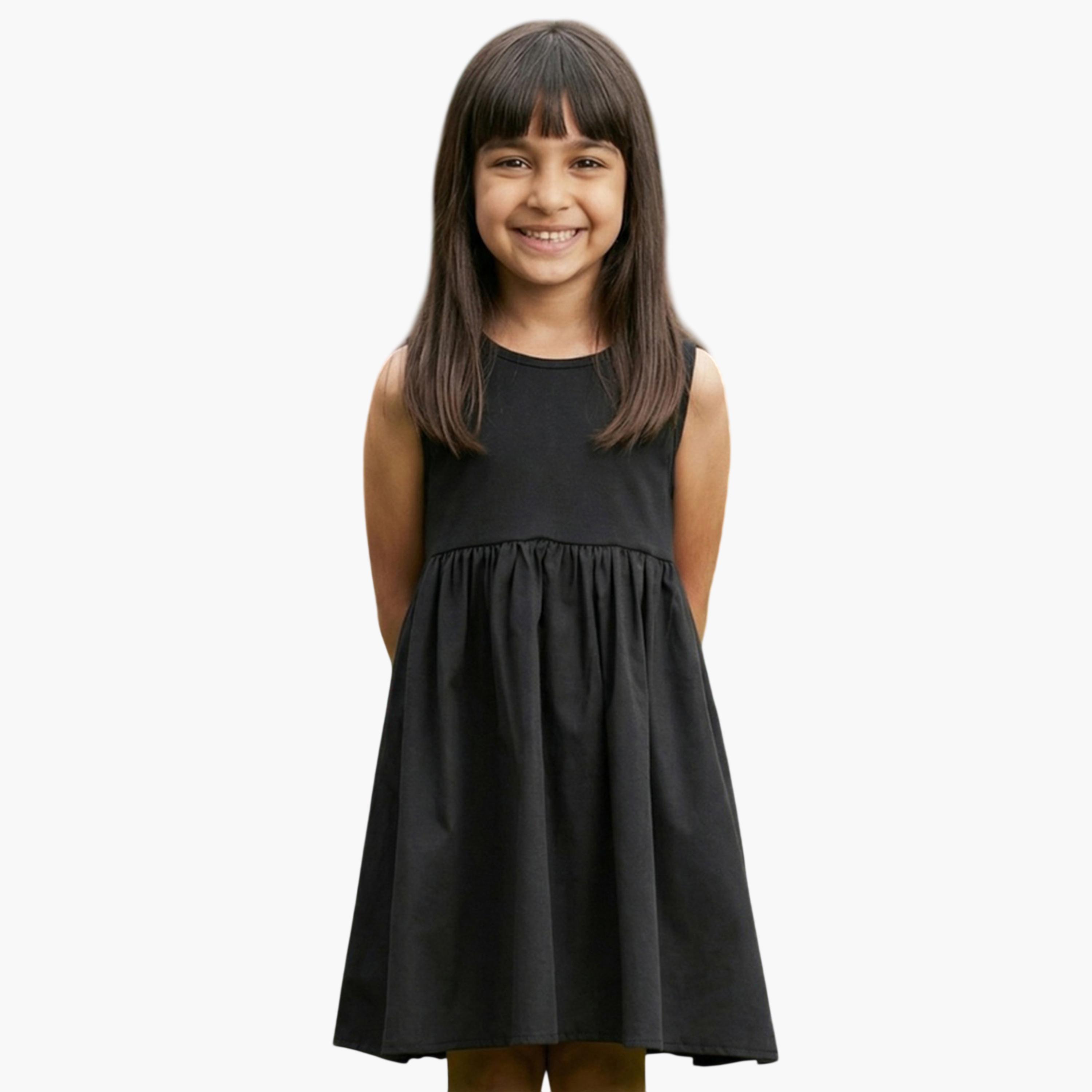 غلوبس × ستايلي - فستان قصير أسود للبنات، بياقة دائرية وبدون أكمام، بتفاصيل مكشكشة-girls-clothing-dressesandjumpsuits-image-1