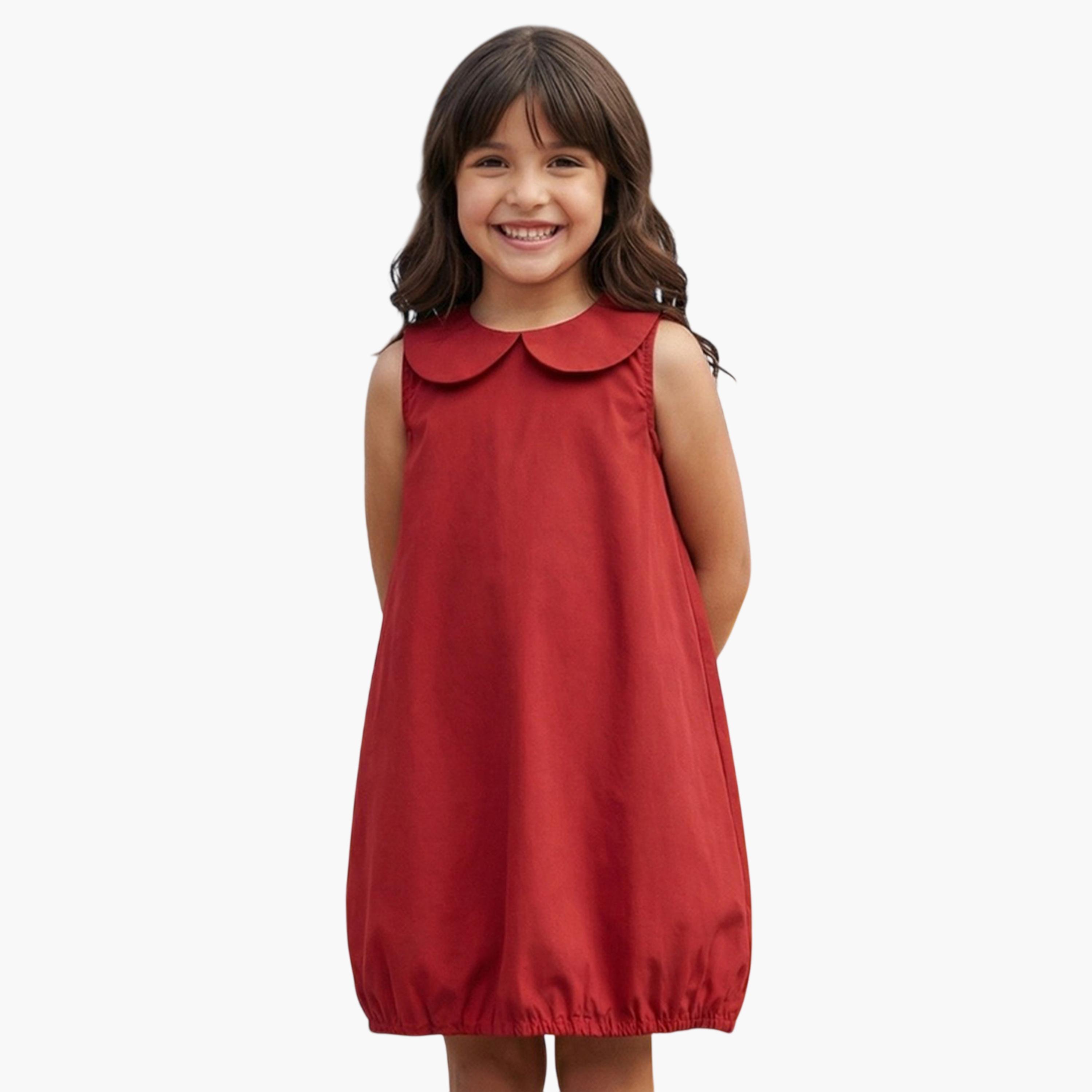 غلوبس × ستايلي - فستان قصير أحمر للبنات، بياقة بيتر بان وحافة واسعة-girls-clothing-dressesandjumpsuits-image-1