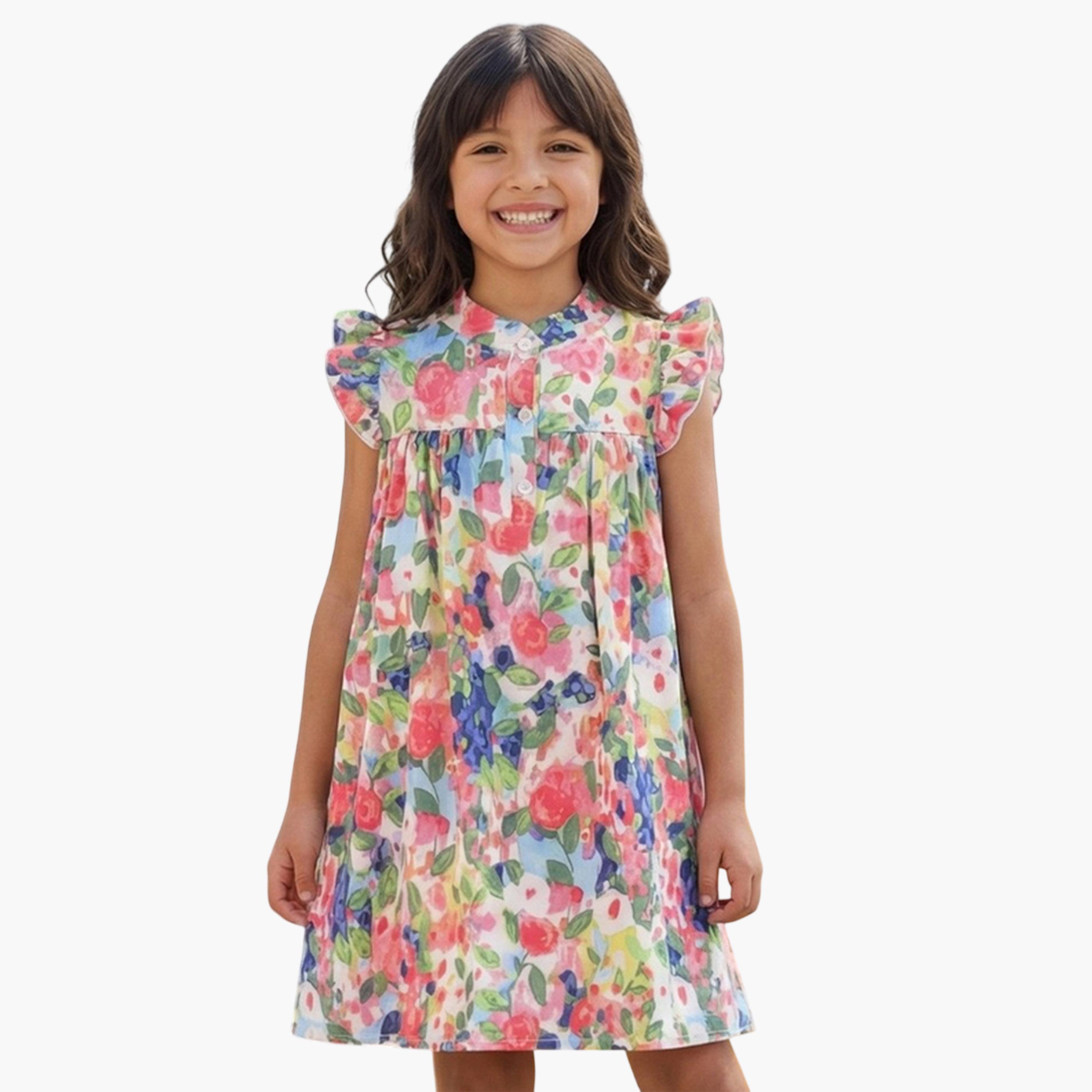 غلوبس × ستايلي - فستان قصير متعدد الألوان للبنات، بياقة قارب وأكمام واسعة ونقشة زهور-girls-clothing-dressesandjumpsuits-image-1