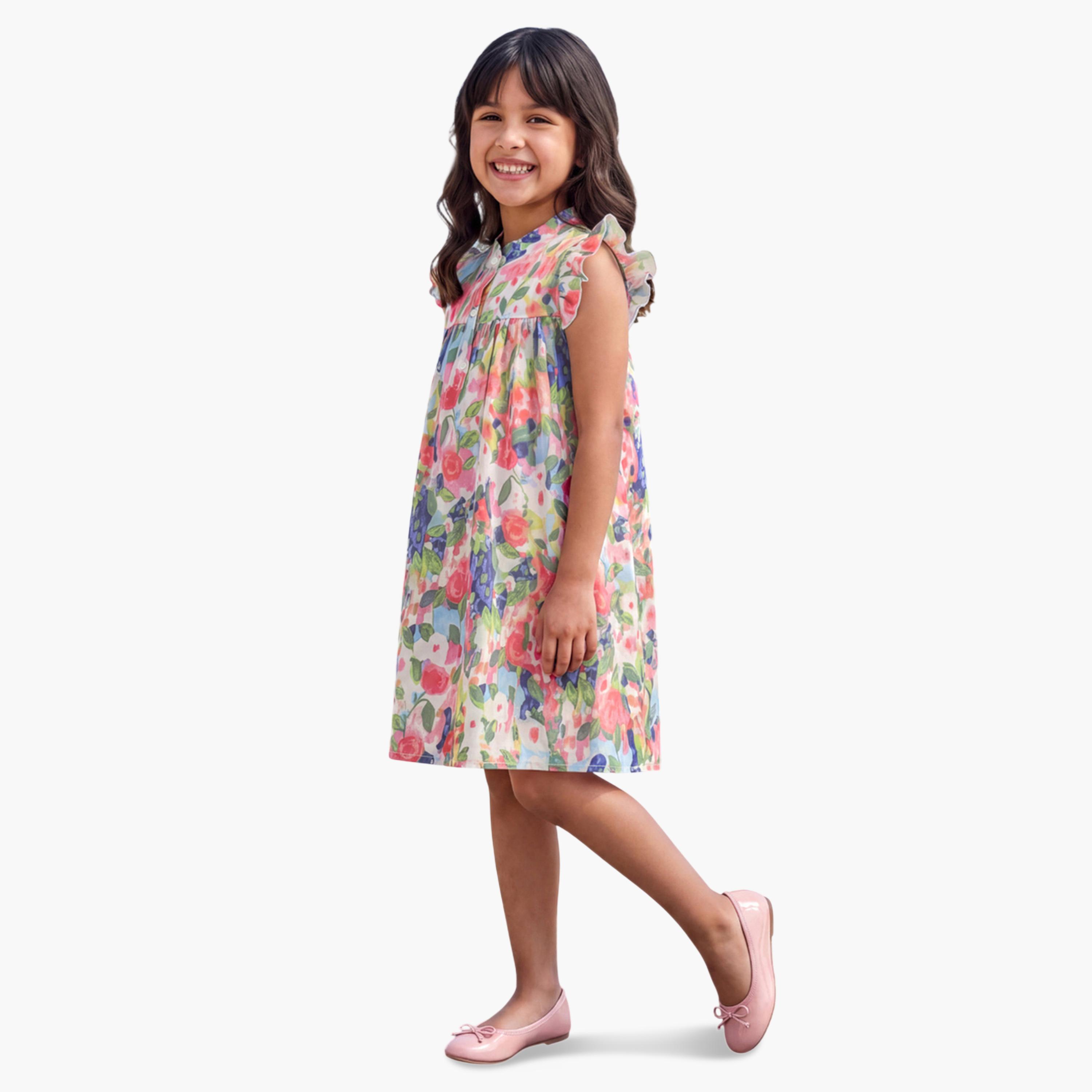 غلوبس × ستايلي - فستان قصير متعدد الألوان للبنات، بياقة قارب وأكمام واسعة ونقشة زهور-girls-clothing-dressesandjumpsuits-image-2
