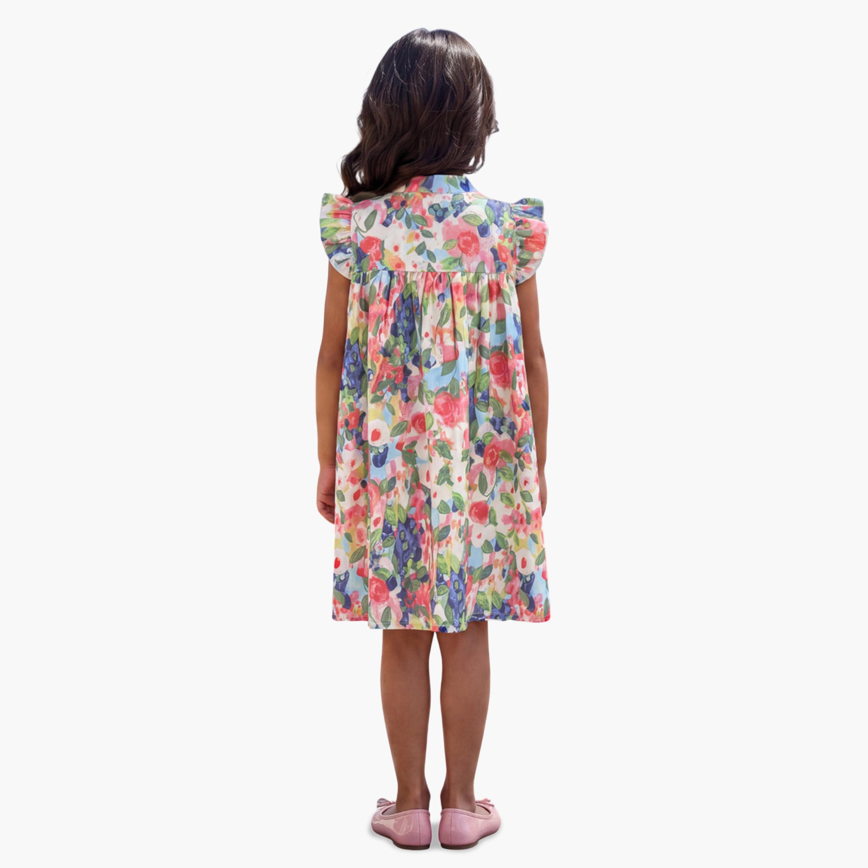 غلوبس × ستايلي - فستان قصير متعدد الألوان للبنات، بياقة قارب وأكمام واسعة ونقشة زهور-girls-clothing-dressesandjumpsuits-image-3