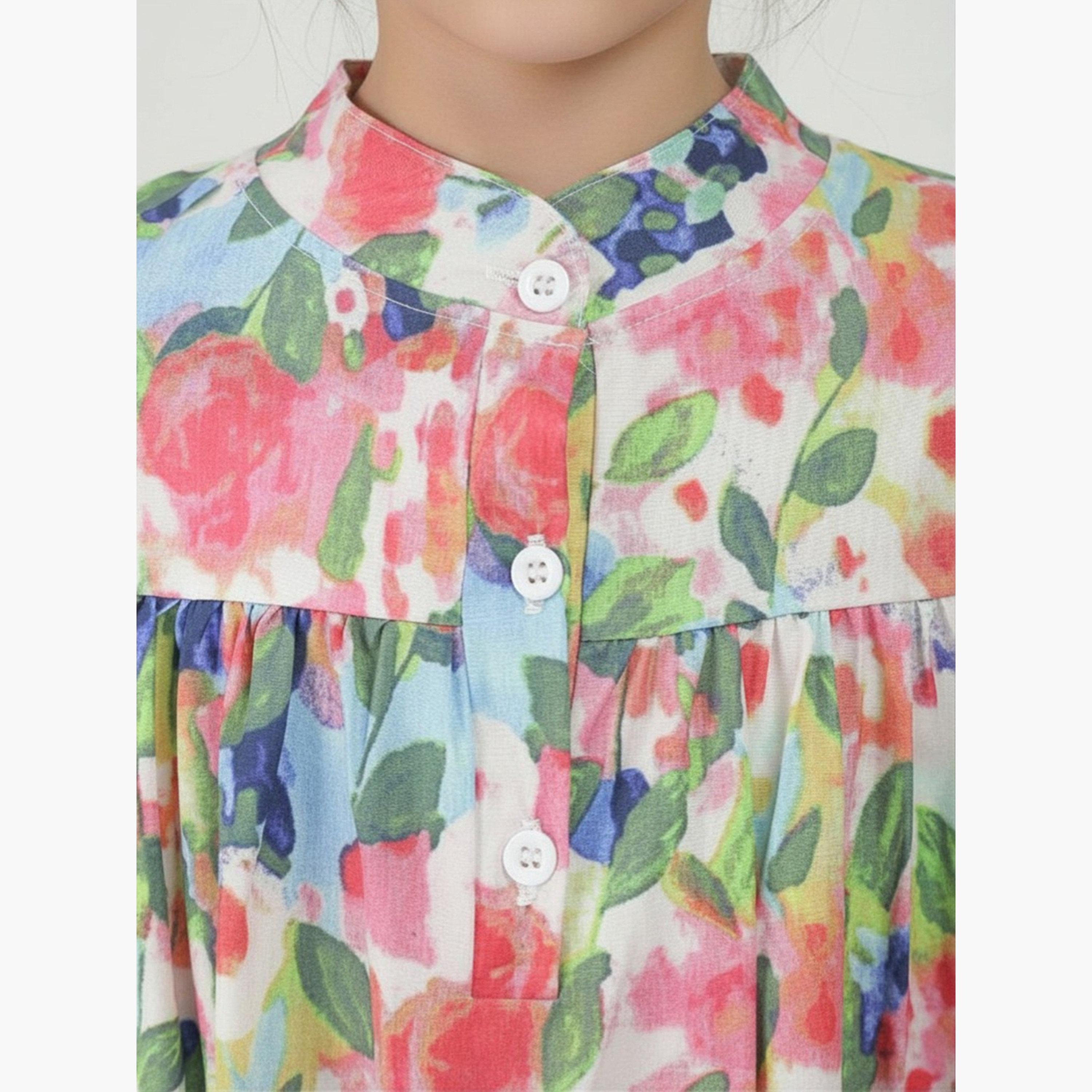 غلوبس × ستايلي - فستان قصير متعدد الألوان للبنات، بياقة قارب وأكمام واسعة ونقشة زهور-girls-clothing-dressesandjumpsuits-image-4