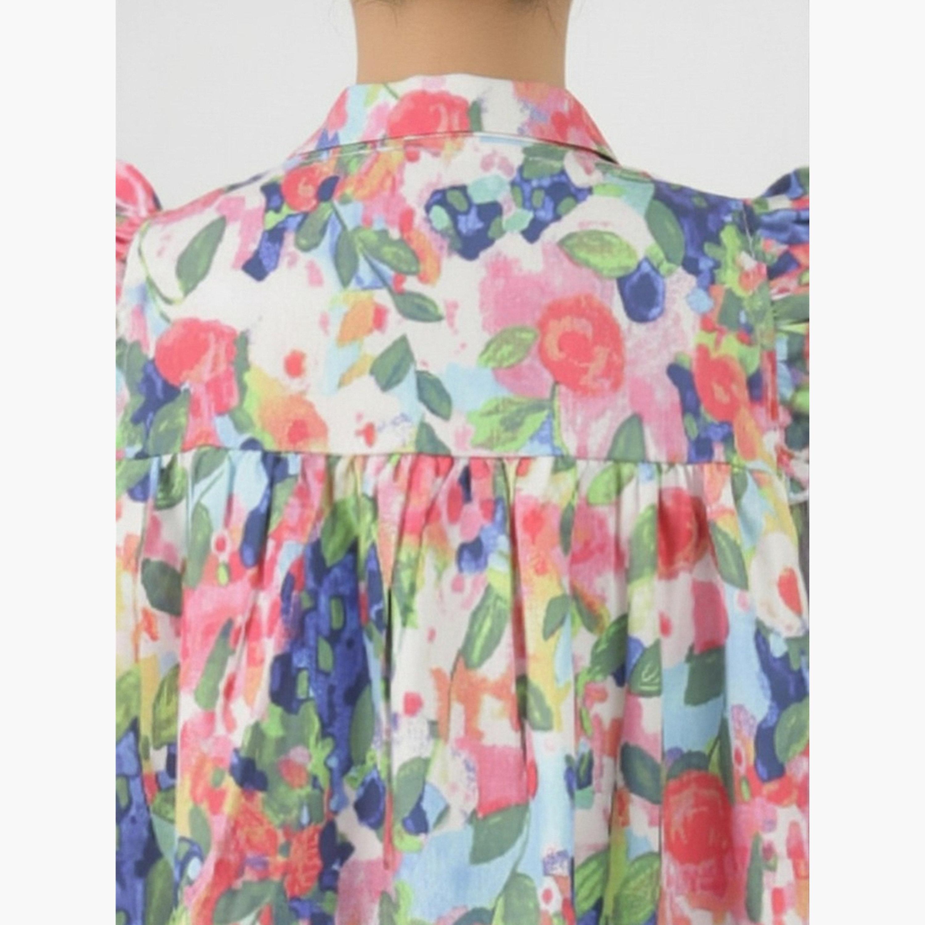 غلوبس × ستايلي - فستان قصير متعدد الألوان للبنات، بياقة قارب وأكمام واسعة ونقشة زهور-girls-clothing-dressesandjumpsuits-image-5