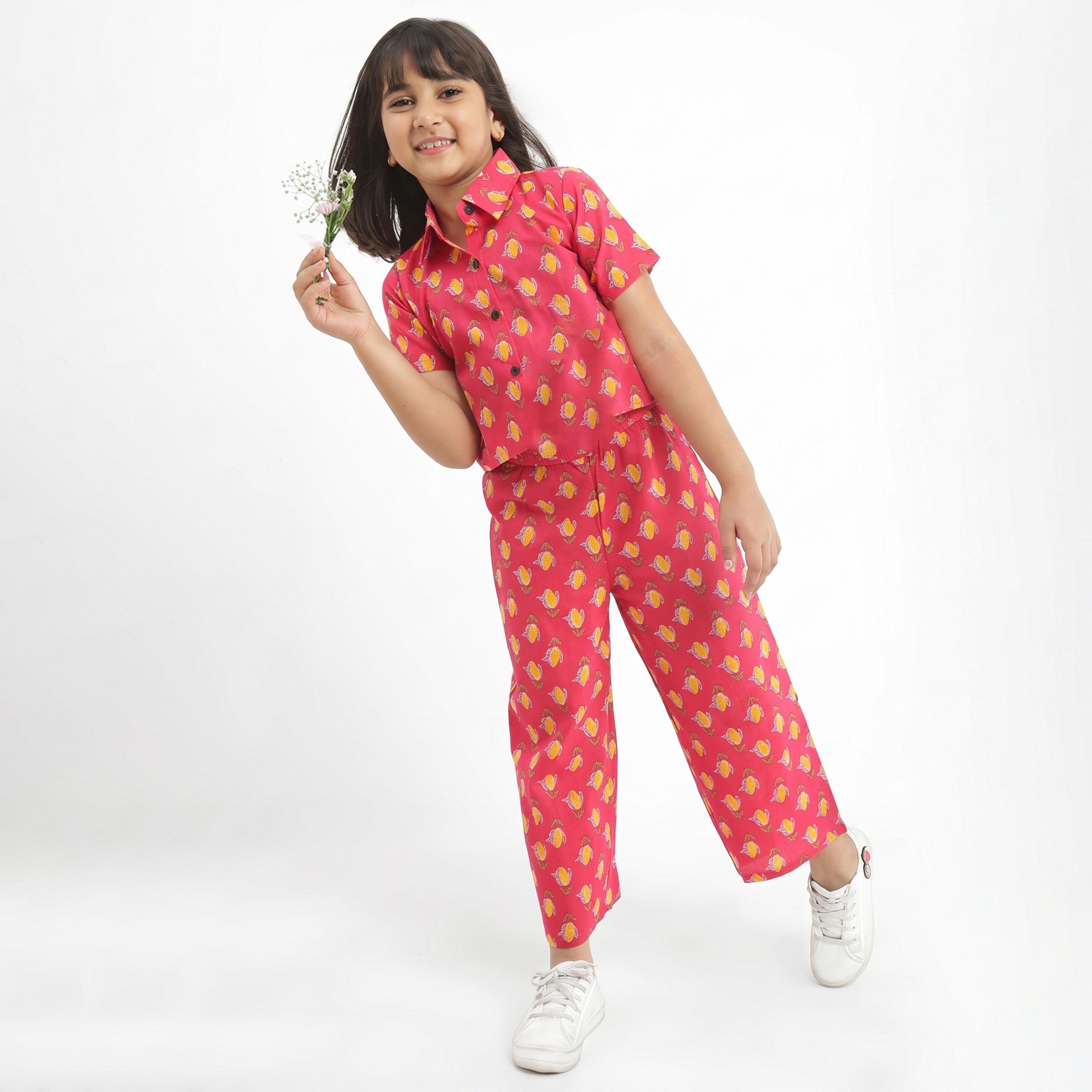 Globus X Styli Girls Pink Collared Floral Print Shirt with Pants Set-girls-clothing-setsandcoords-image-1