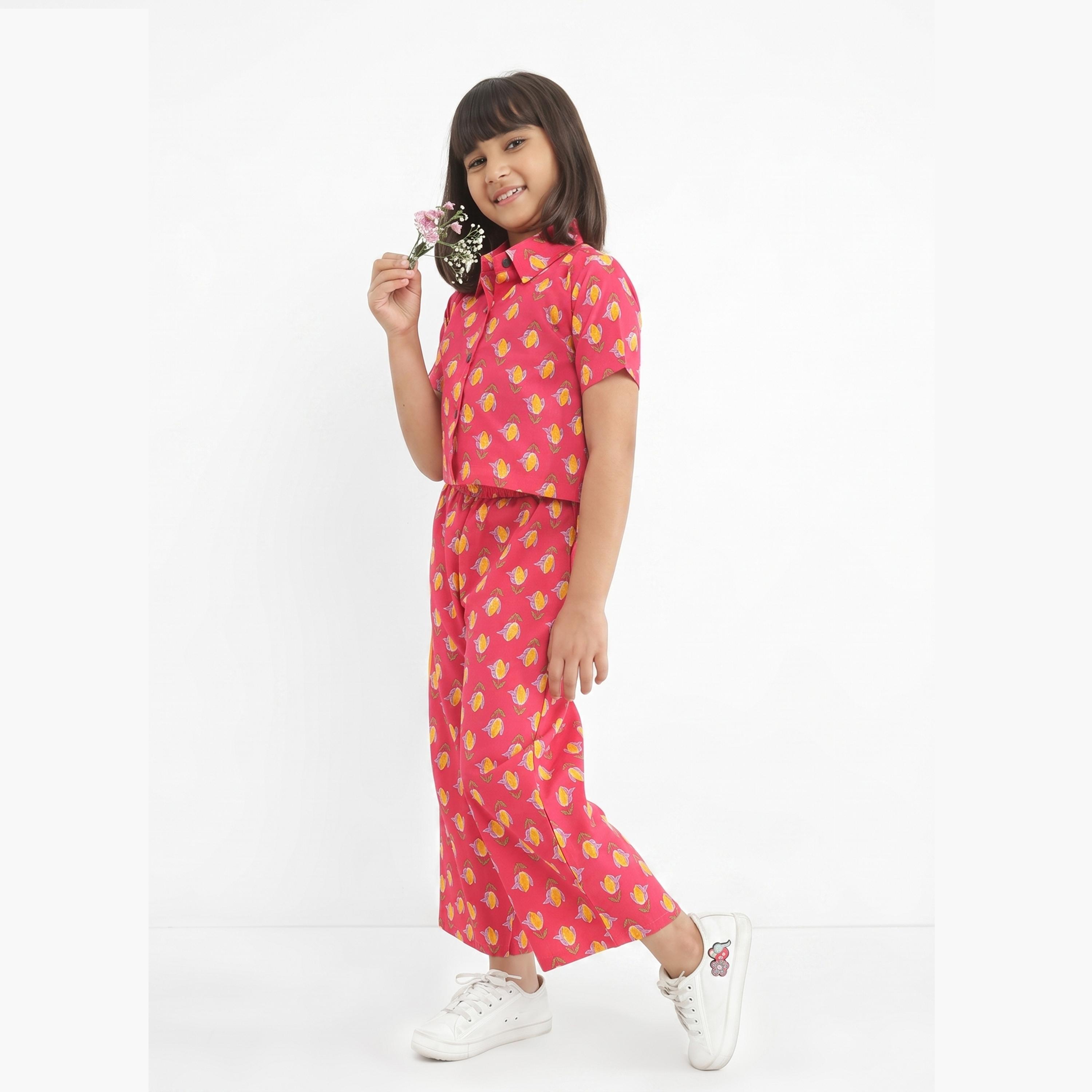 Globus X Styli Girls Pink Collared Floral Print Shirt with Pants Set-girls-clothing-setsandcoords-image-2