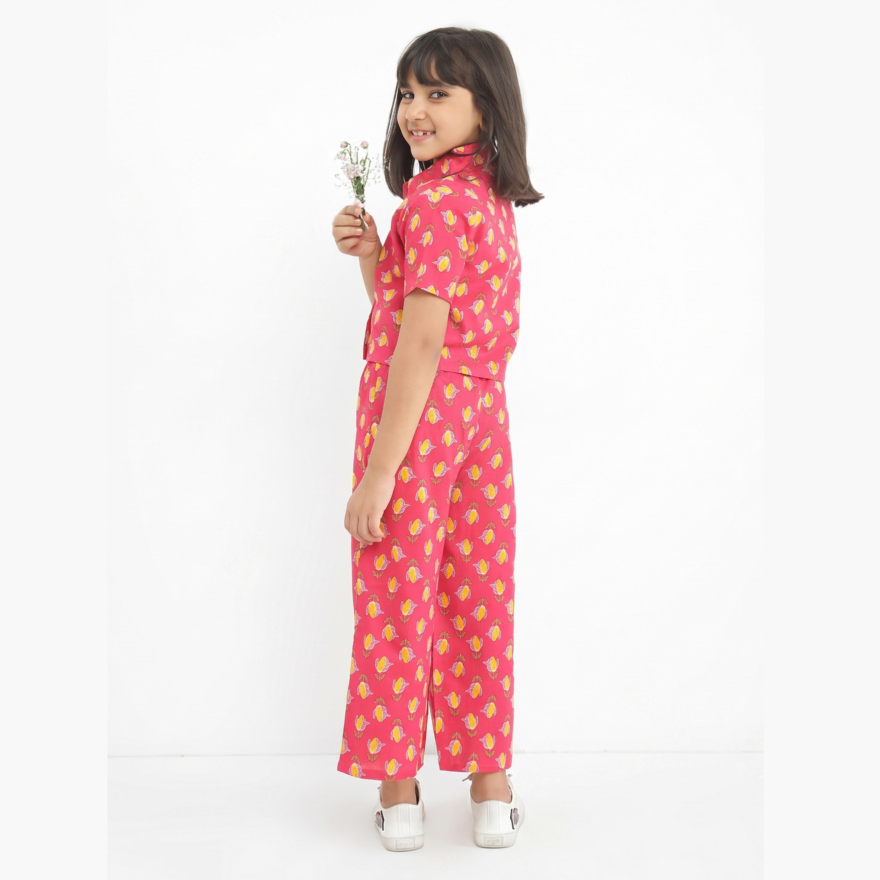 Globus X Styli Girls Pink Collared Floral Print Shirt with Pants Set-girls-clothing-setsandcoords-image-3