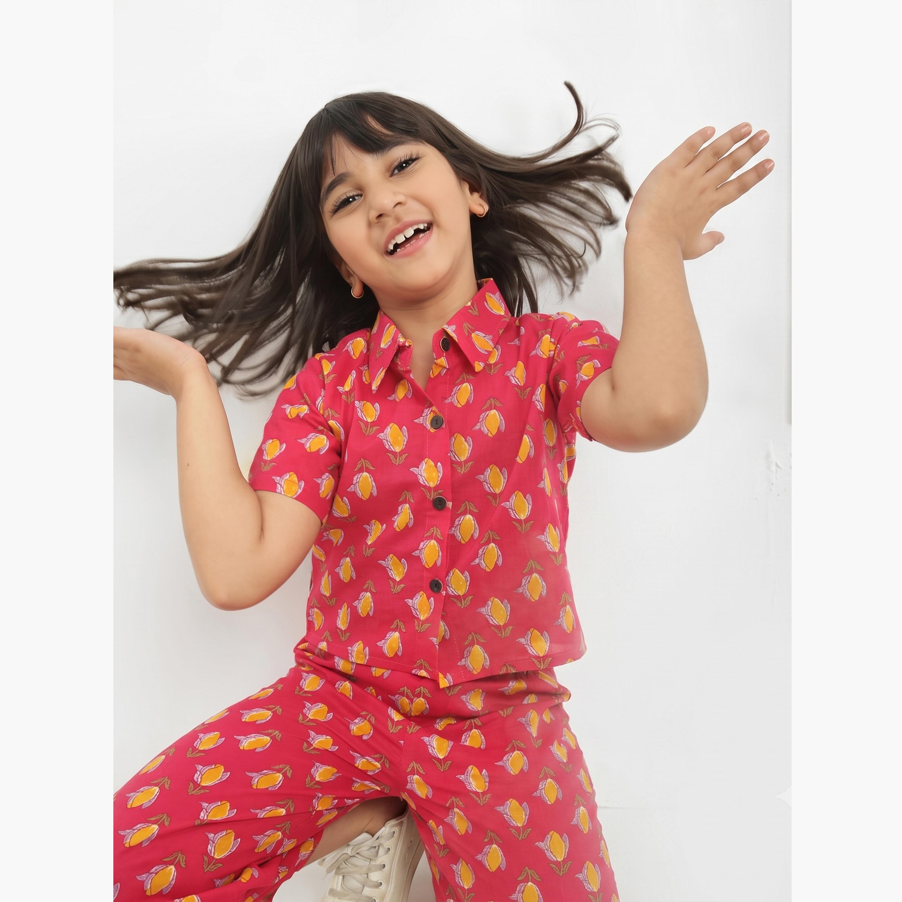 Globus X Styli Girls Pink Collared Floral Print Shirt with Pants Set-girls-clothing-setsandcoords-image-4