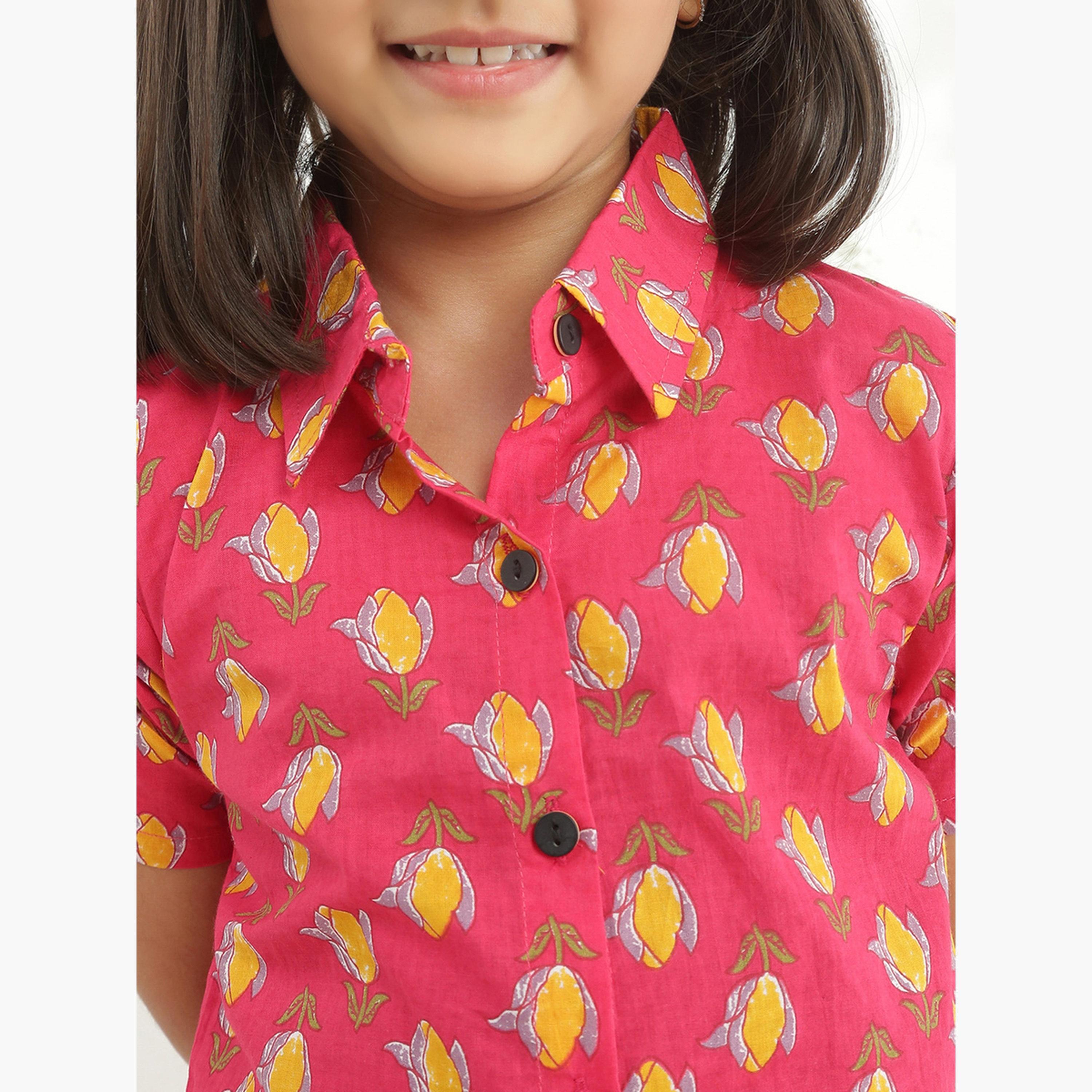 Globus X Styli Girls Pink Collared Floral Print Shirt with Pants Set-girls-clothing-setsandcoords-image-6